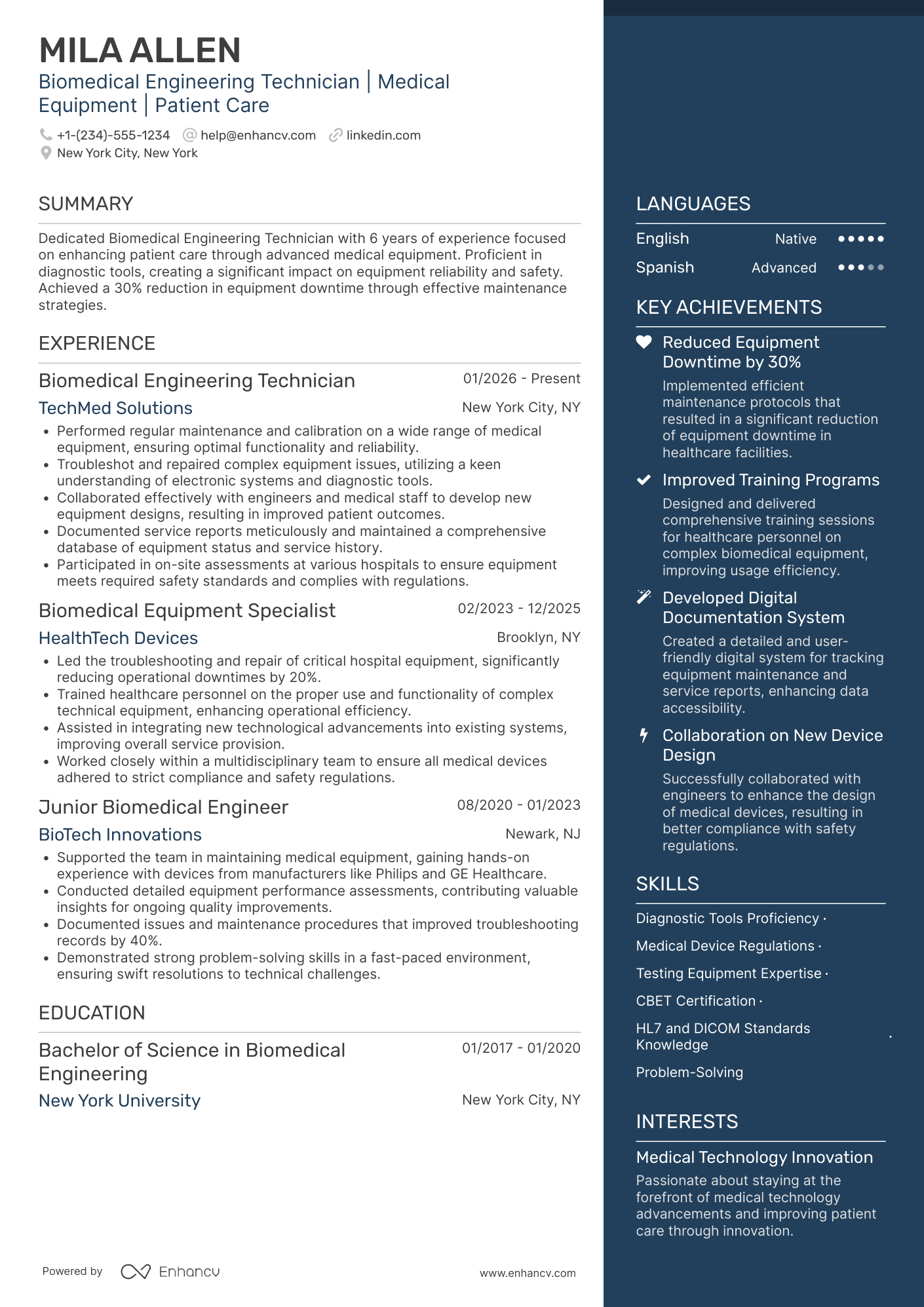 Biomedical Engineering Technician Resume Example