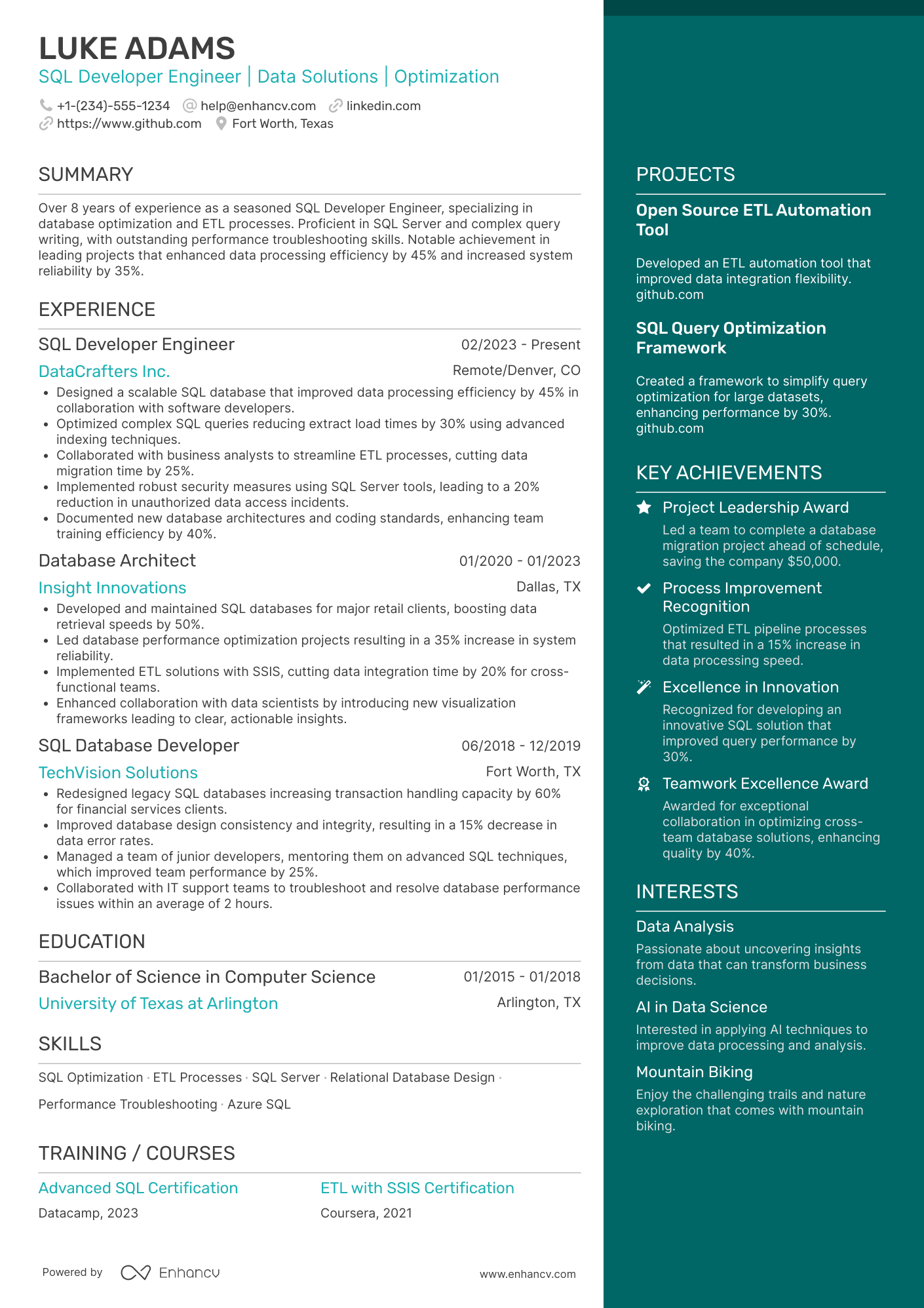 SQL Developer Engineer Resume Example