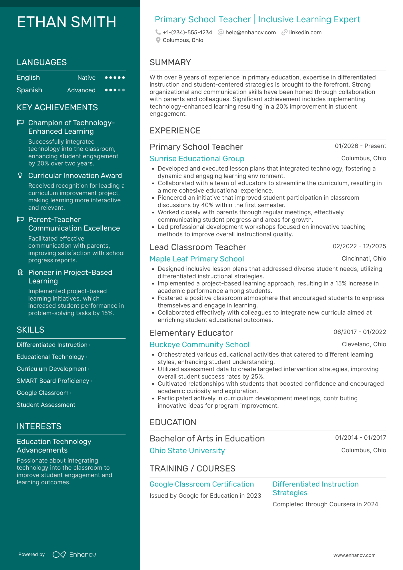 Primary School Teacher Resume Example