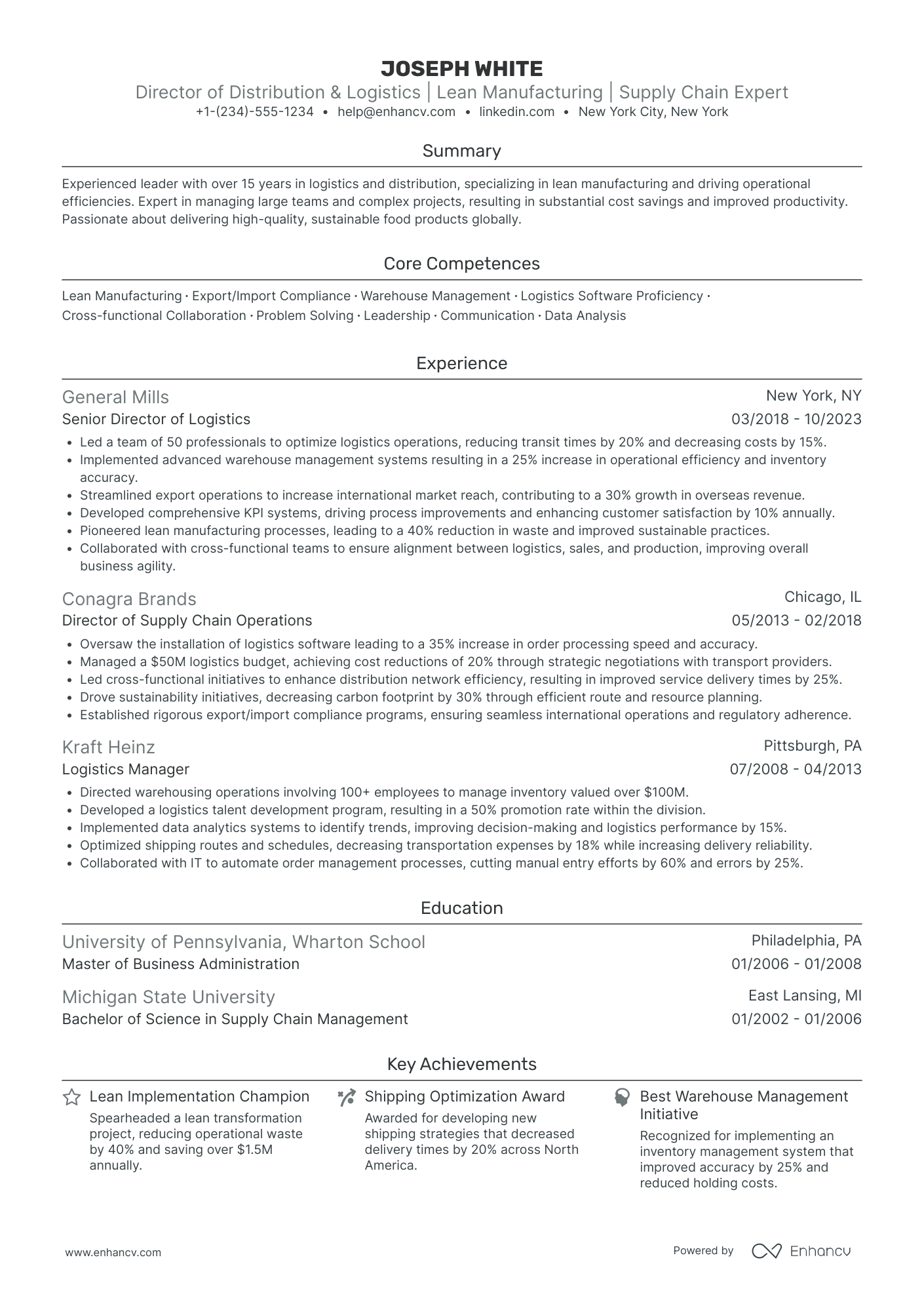 Chief Logistics Officer in Food Service Resume Example