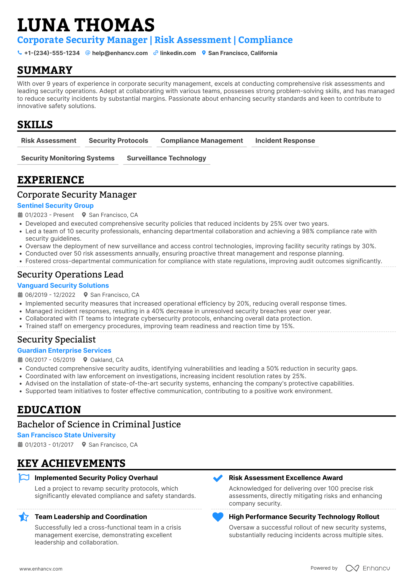 Corporate Security Manager Resume Example