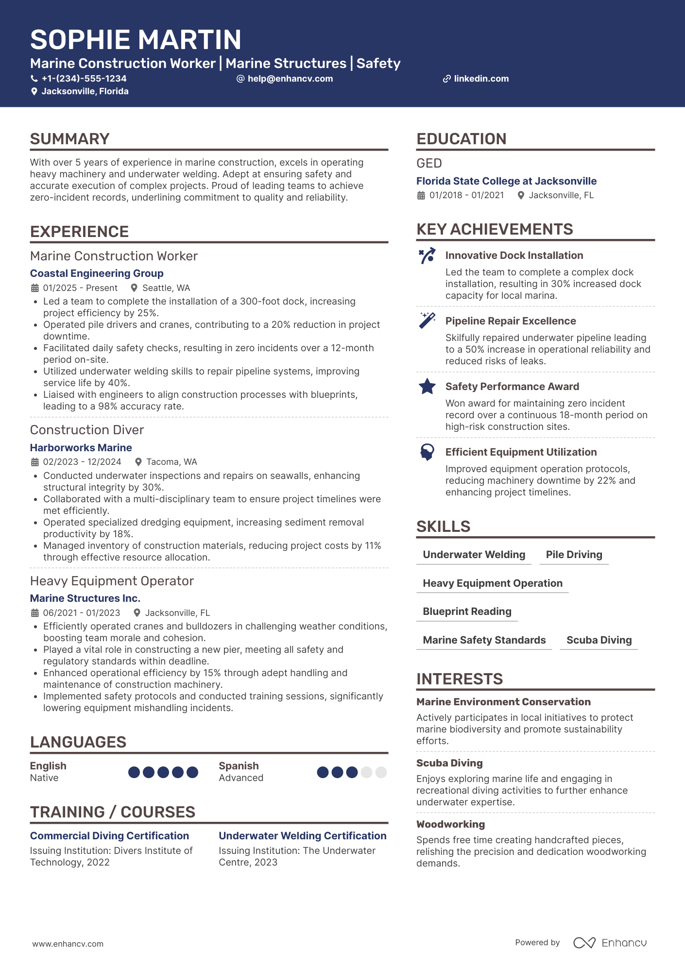 Marine Construction Worker Resume Example