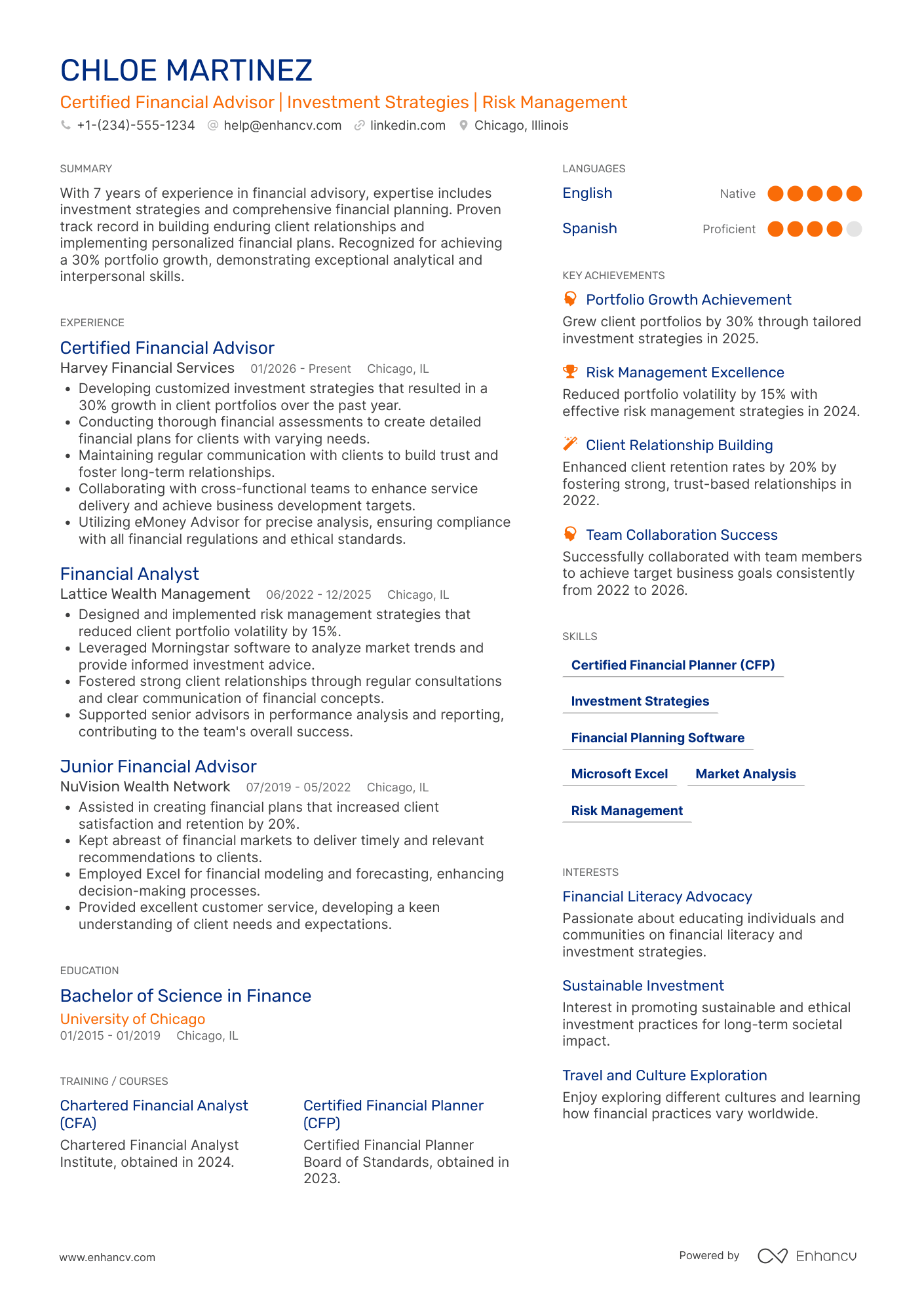 Certified Financial Advisor Resume Example