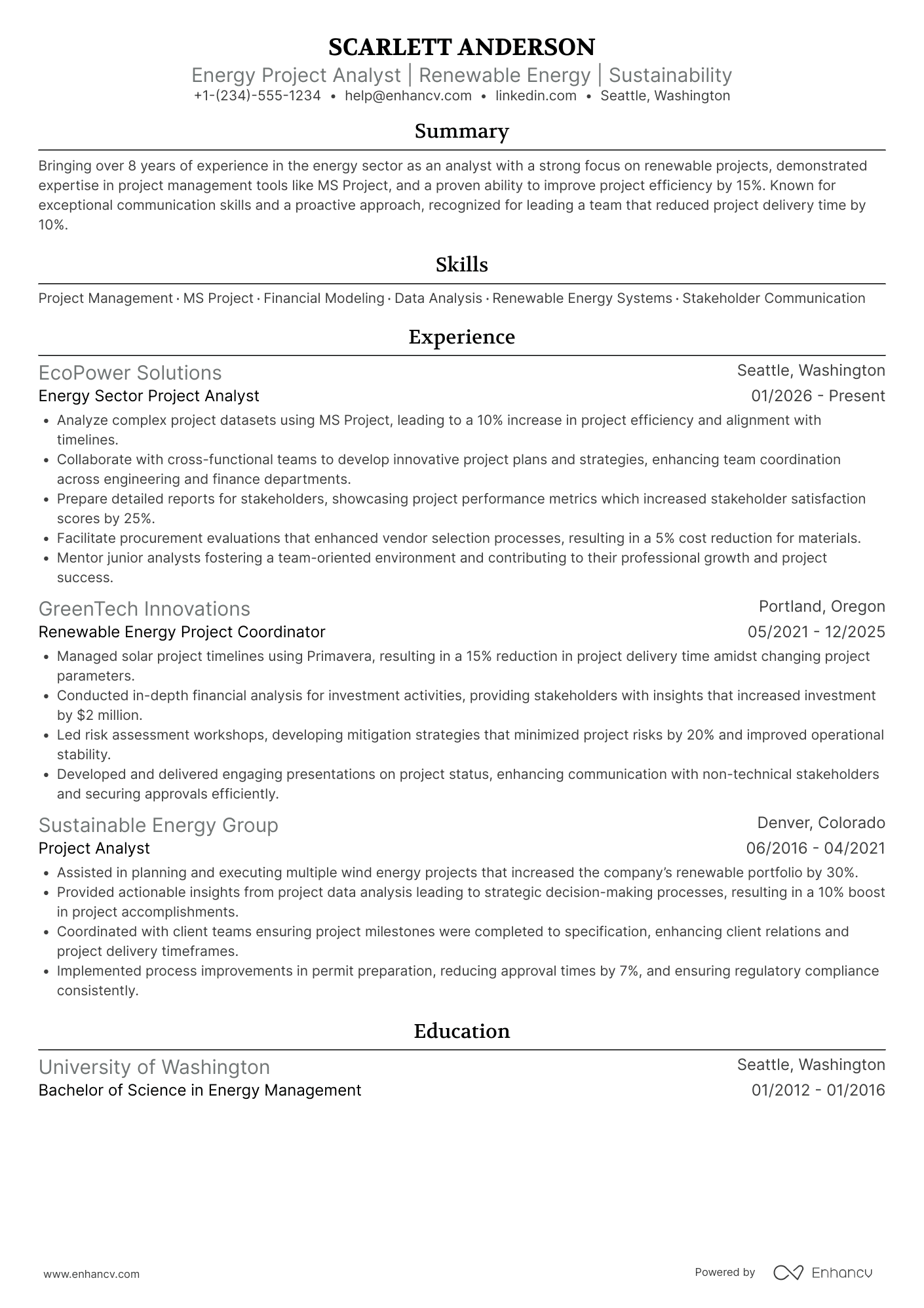 Energy Sector Project Analyst Resume Example