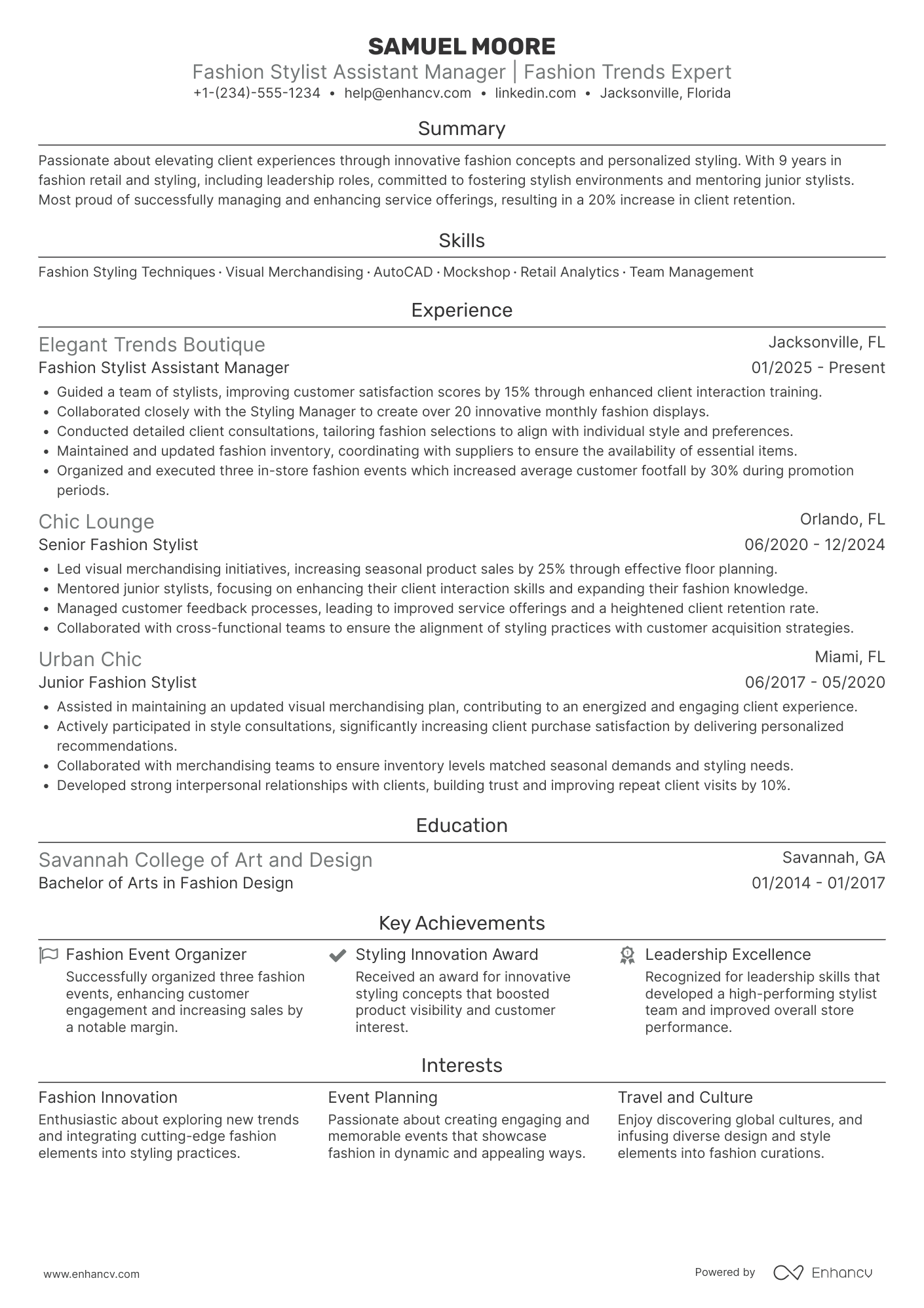 Fashion Stylist Assistant Manager Resume Example