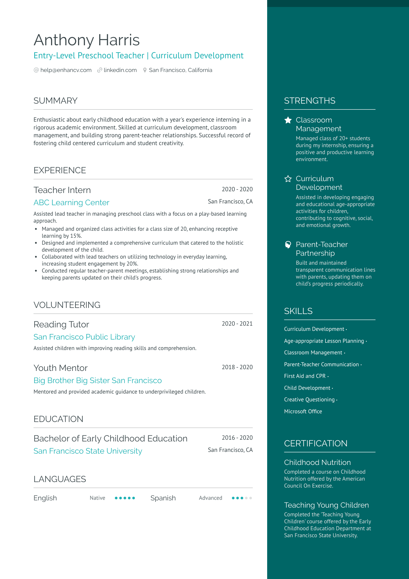 Entry Level Preschool Teacher Resume Example