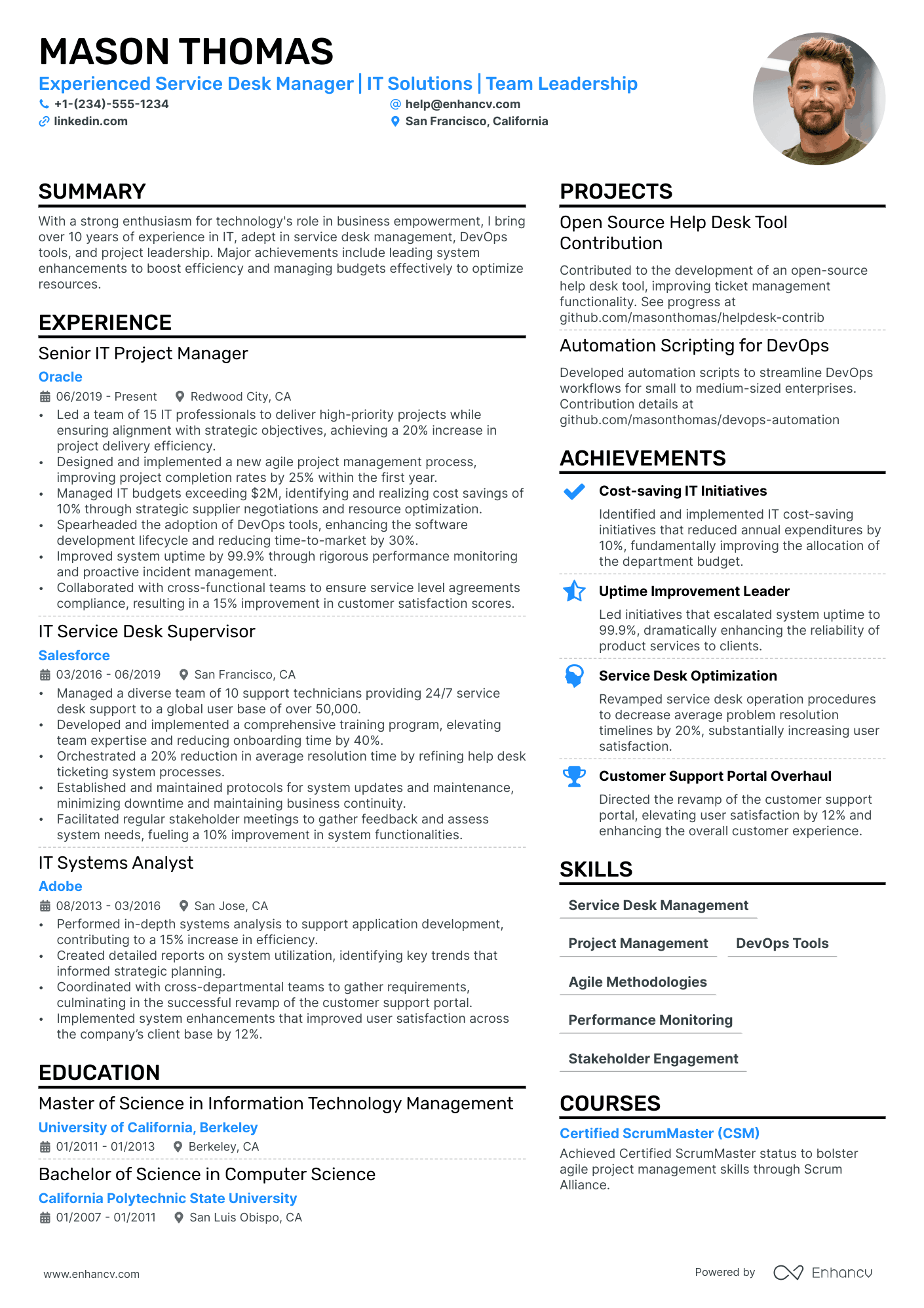 Service Desk Manager Resume Example