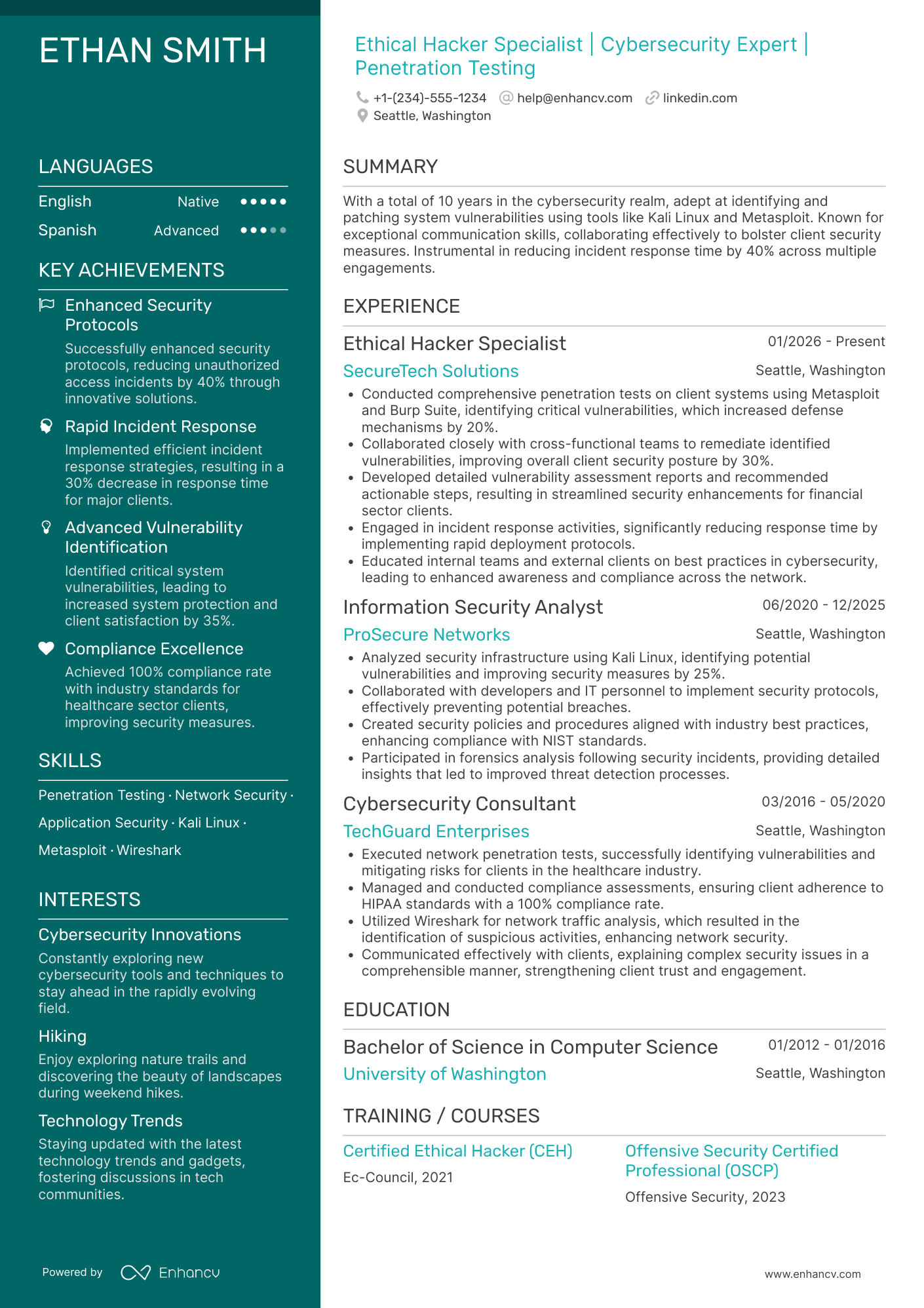 Ethical Hacker Specialist Resume Example