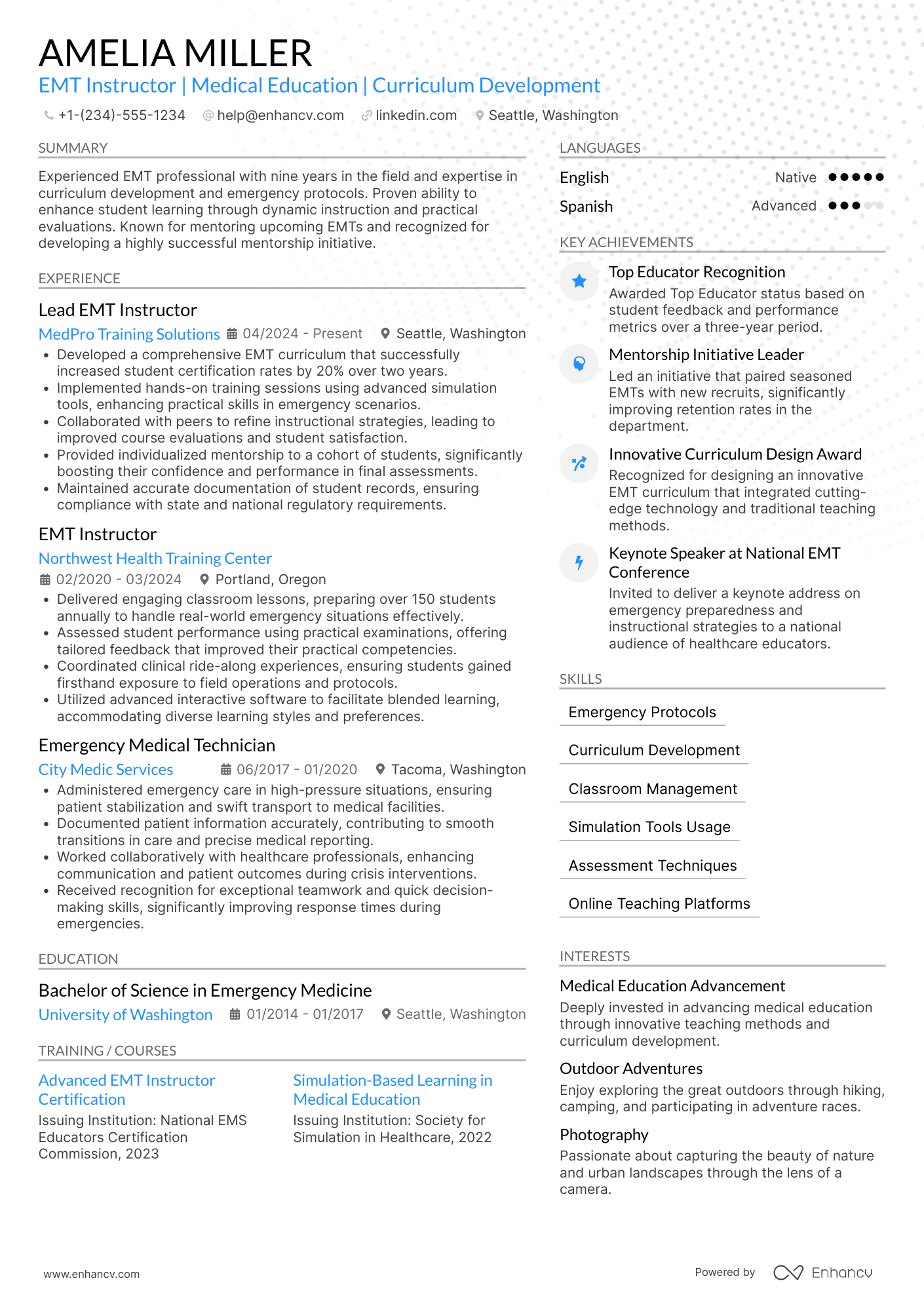 Emergency Medical Technician (EMT) Instructor Resume Example