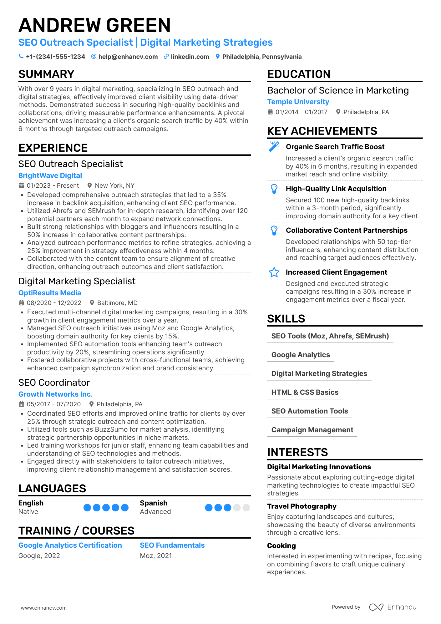 SEO Outreach Specialist Resume Example
