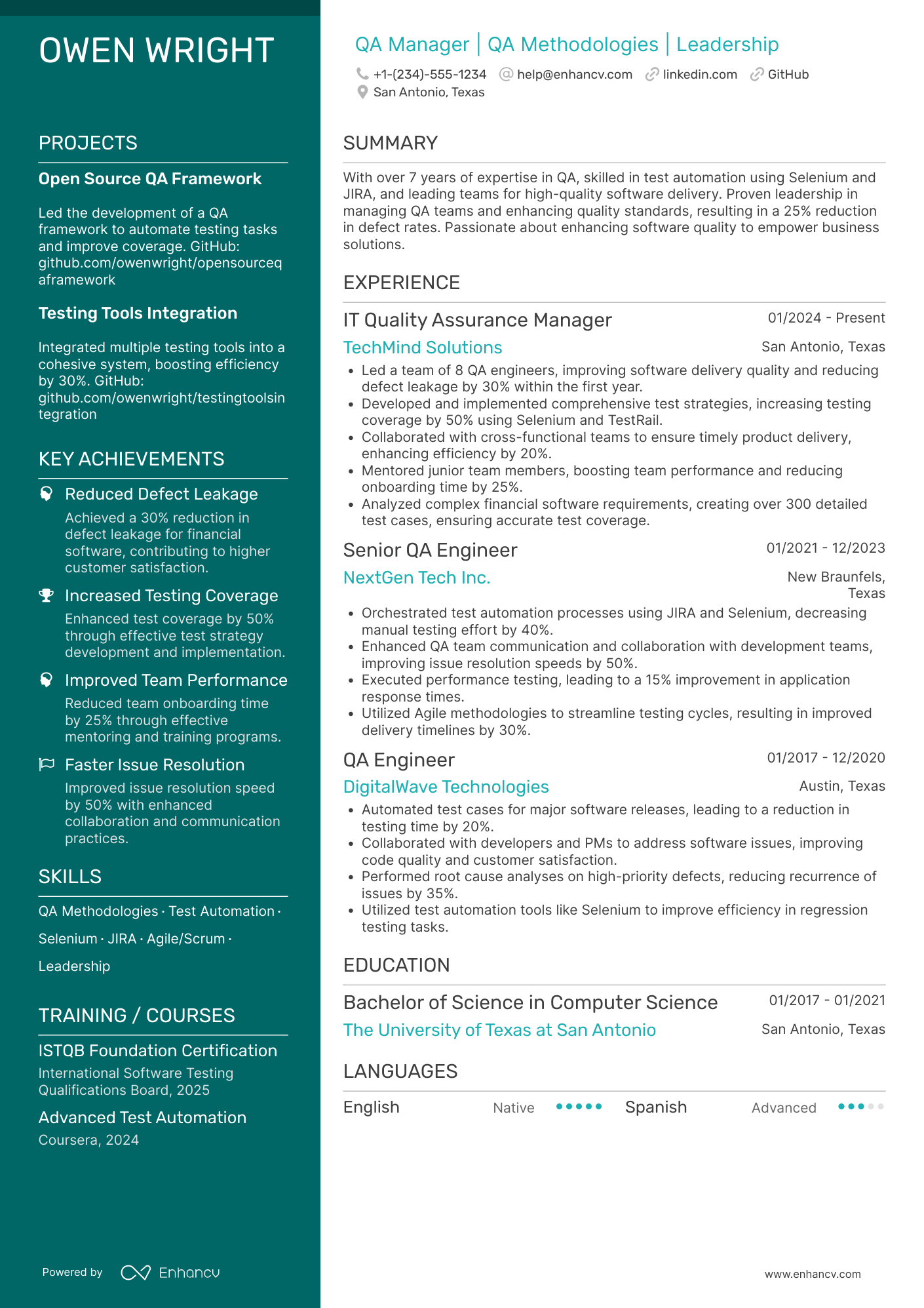 IT Quality Assurance Manager Resume Example