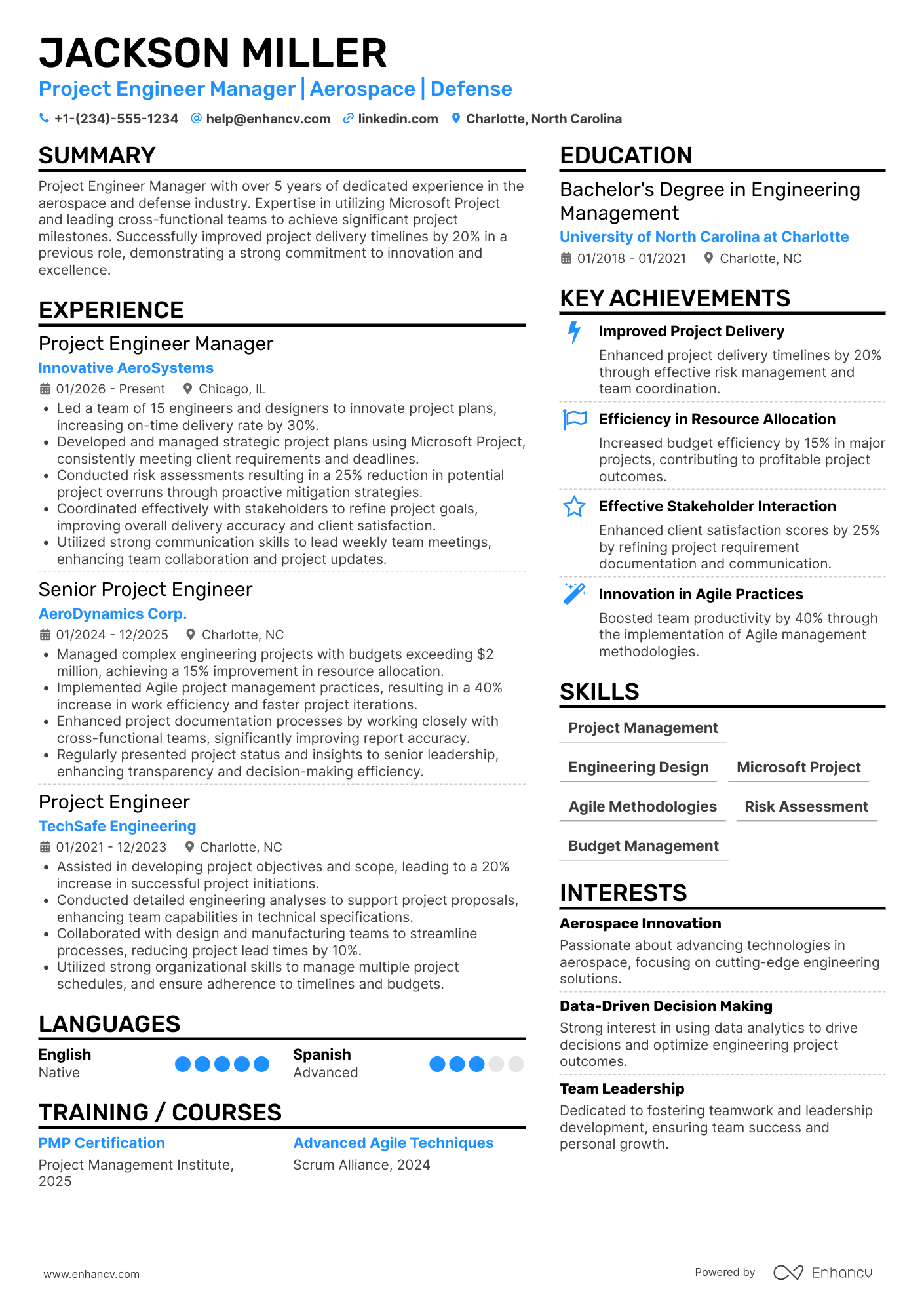 Project Engineer Manager Resume Example