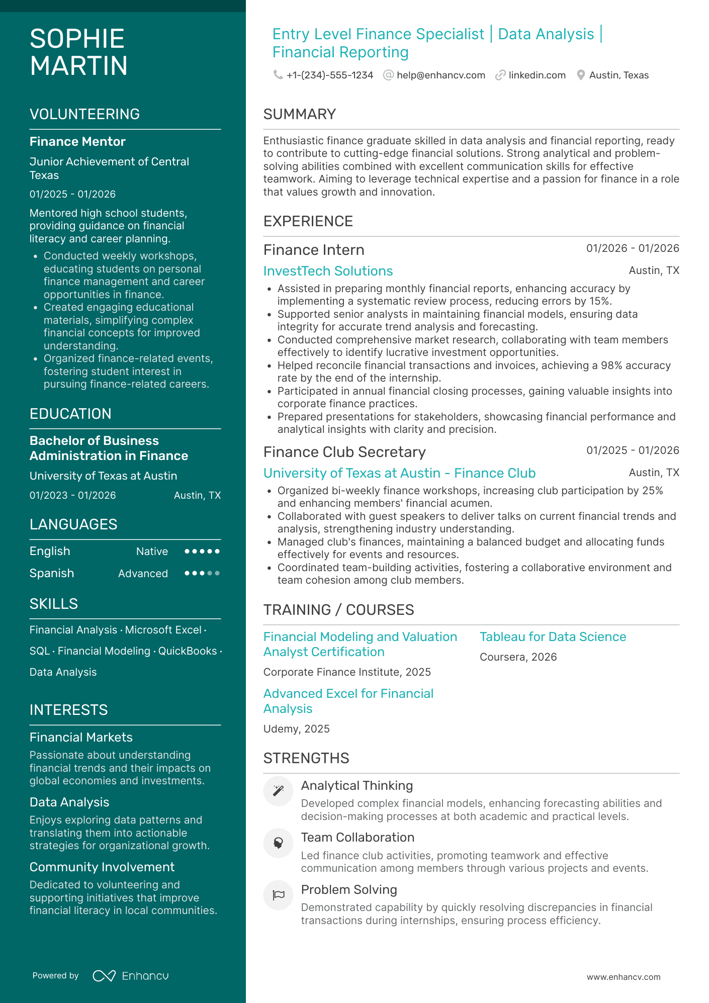 Entry Level Finance Specialist Resume Example