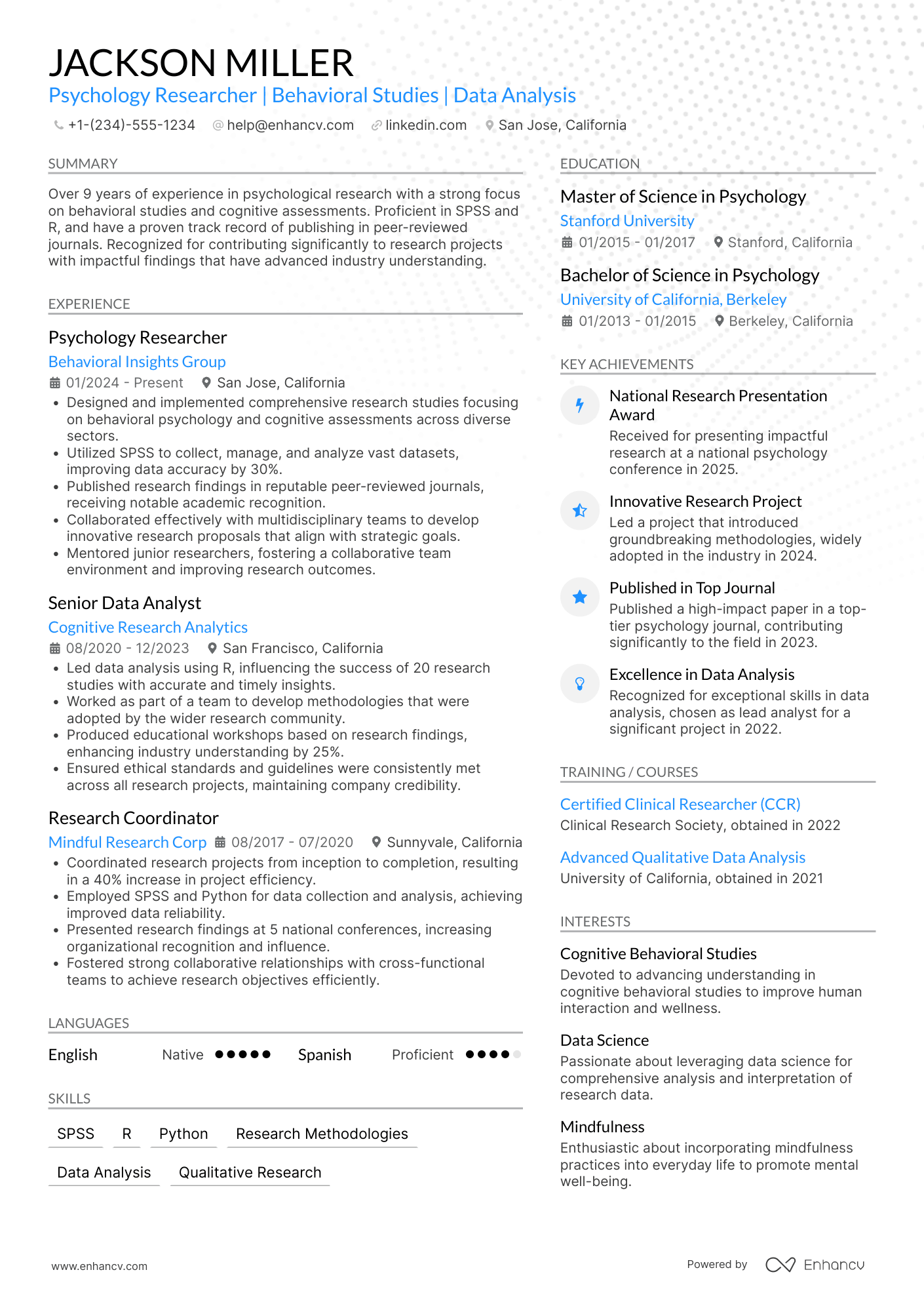 Psychology Researcher Resume Example