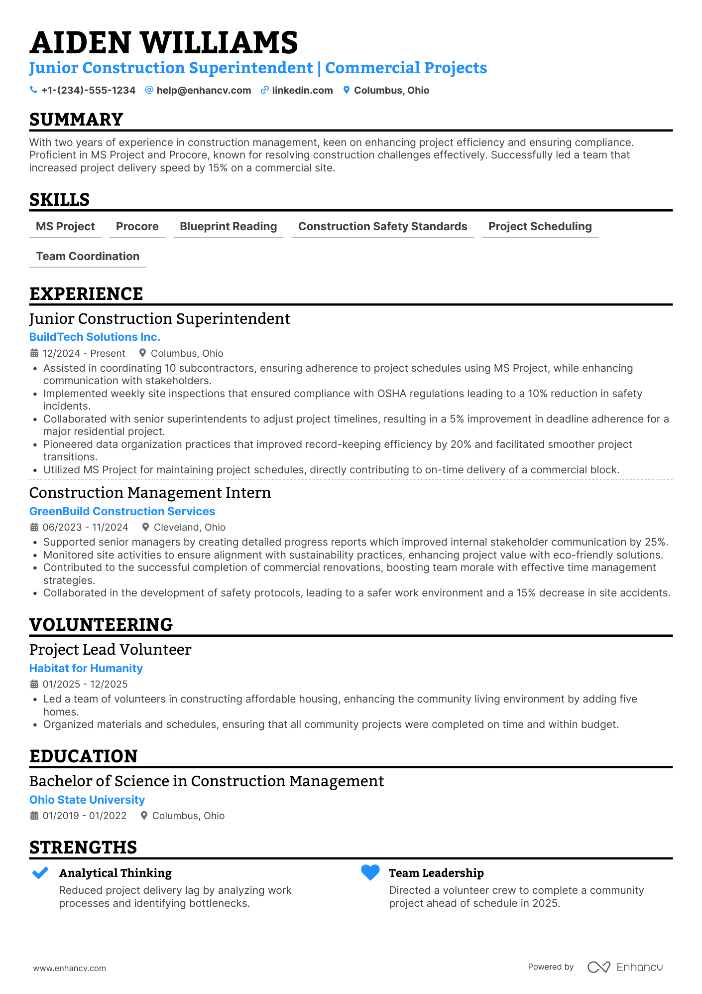 Junior Construction Superintendent Resume Example