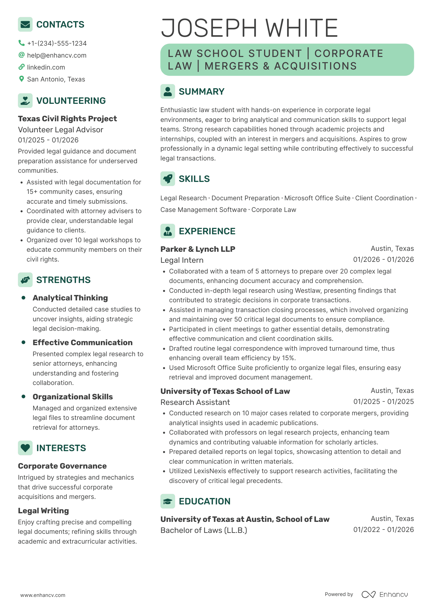 Law School Student Resume Example