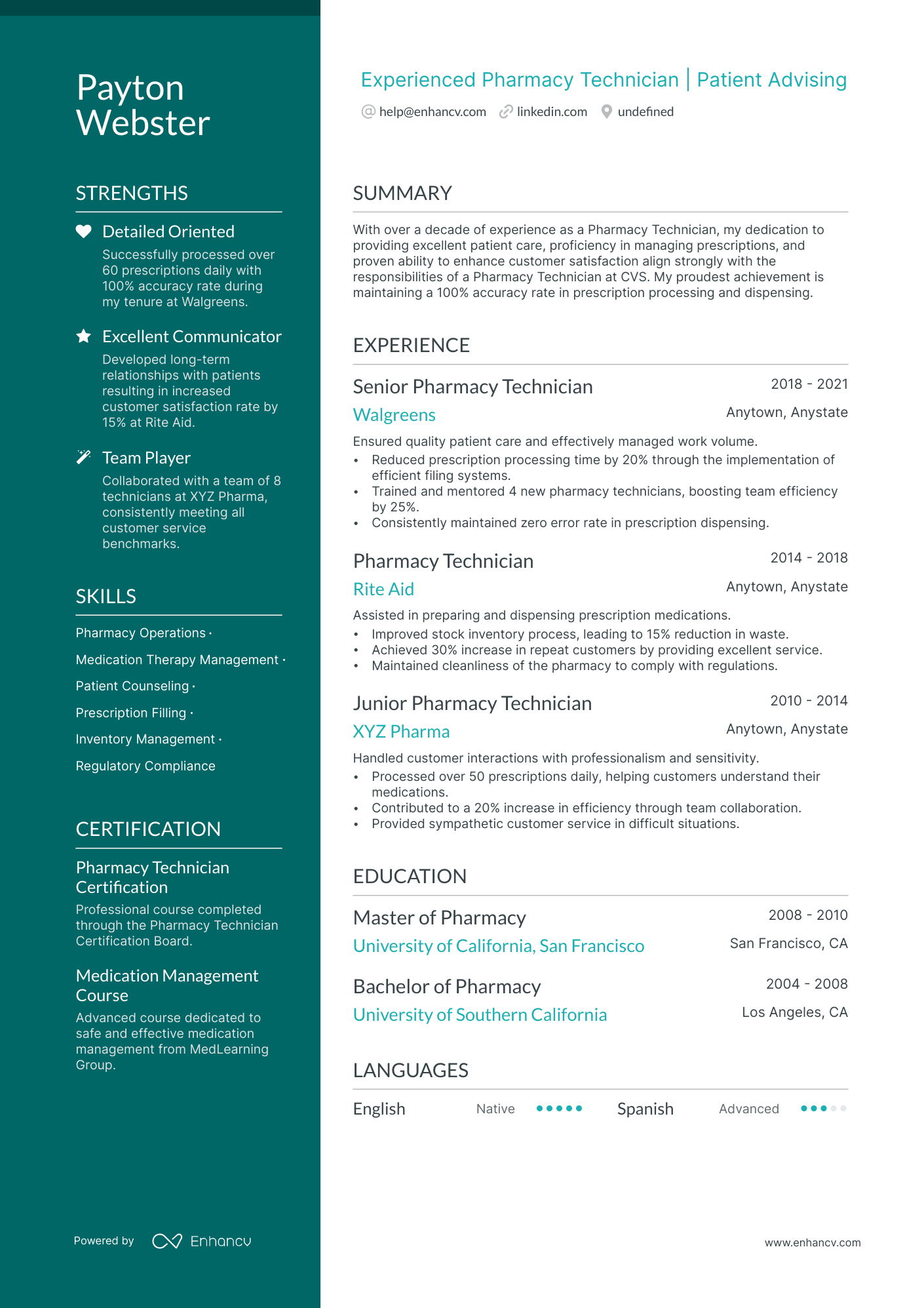 CVS Pharmacy Technician Resume Example