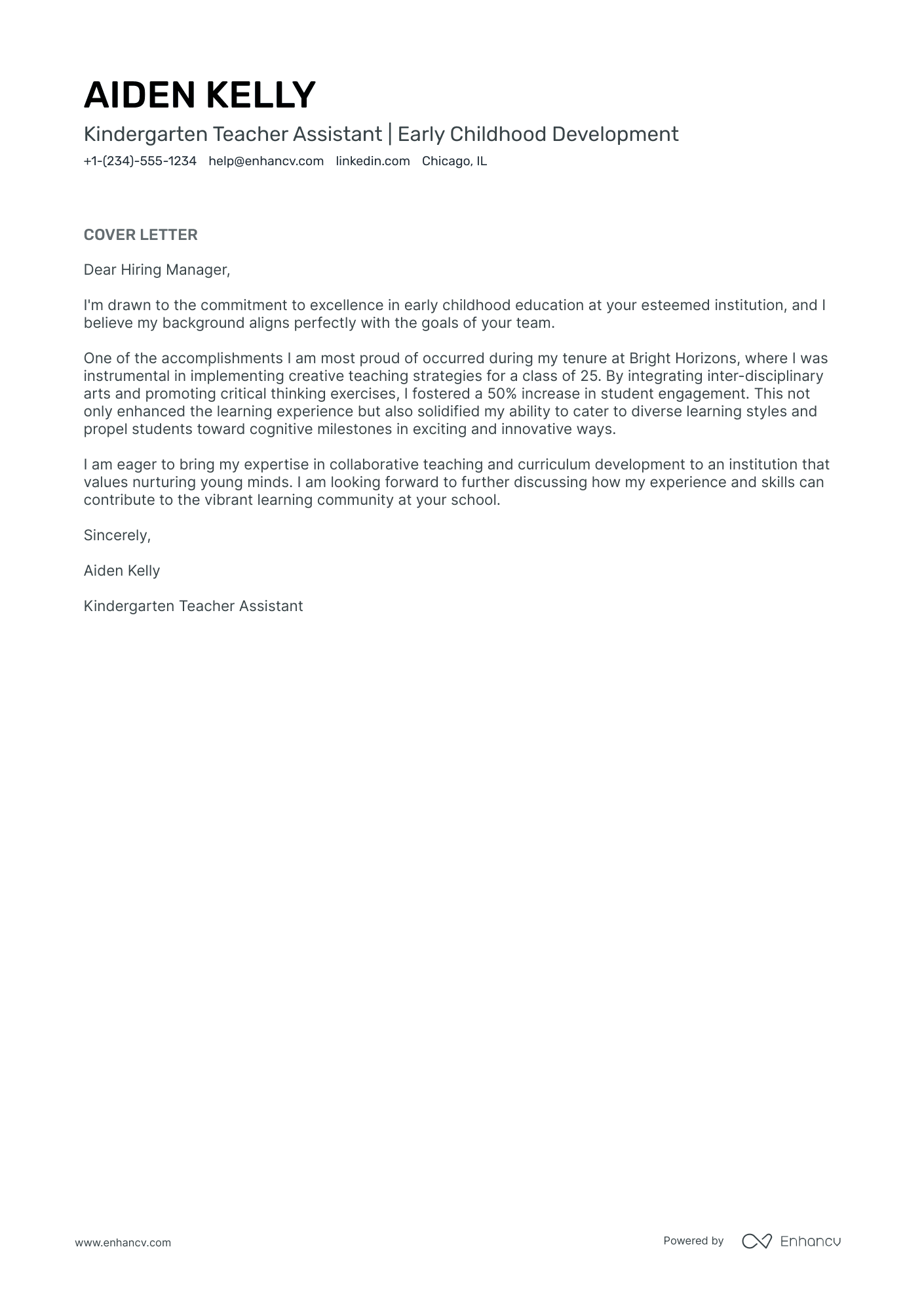 Kindergarten Teacher Assistant Resume Example