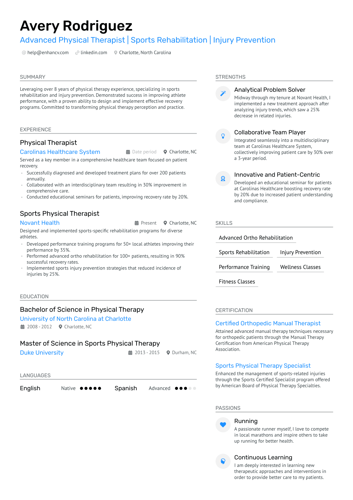 Sports Physical Therapist Resume Example
