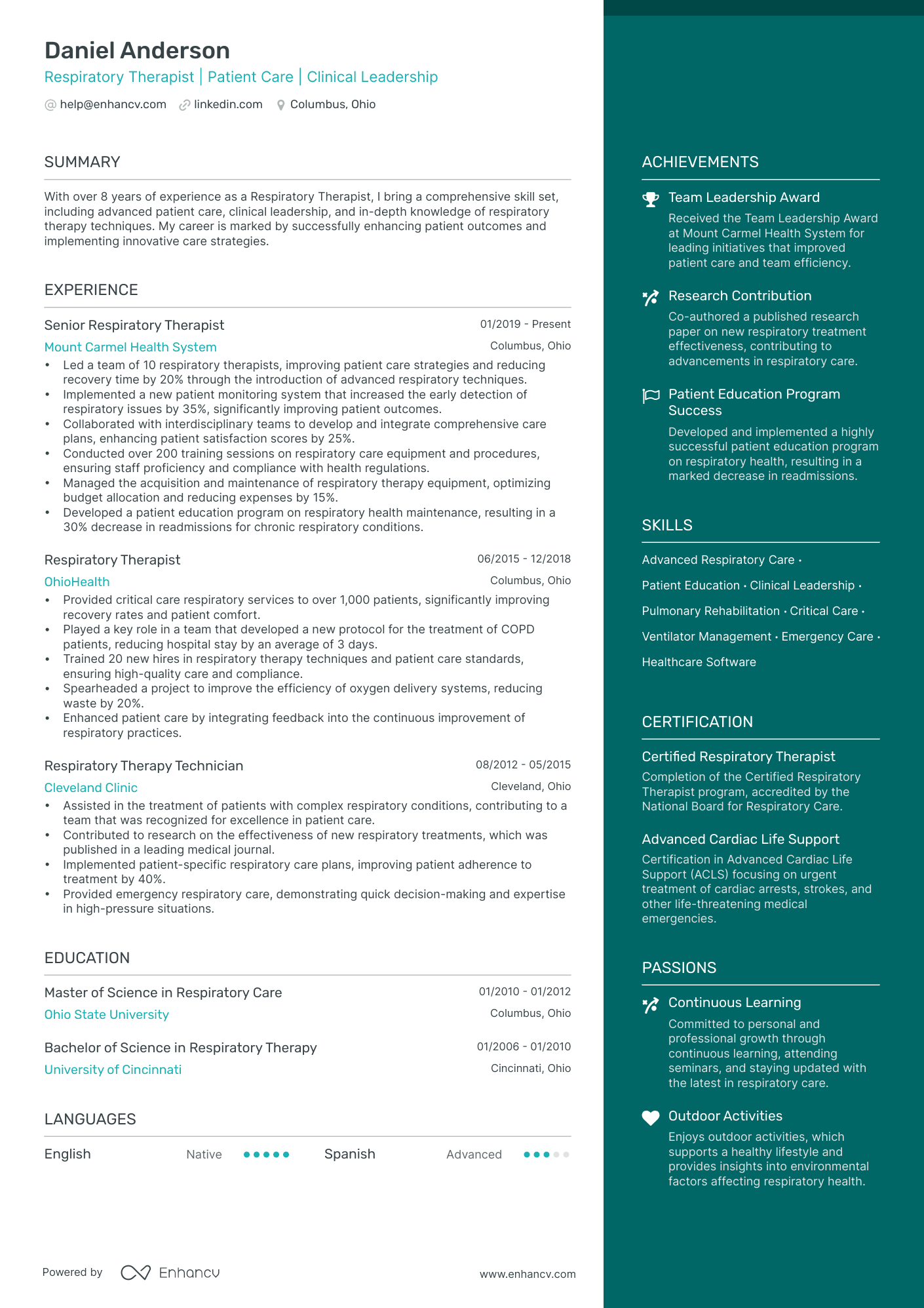Respiratory Therapist Resume Example