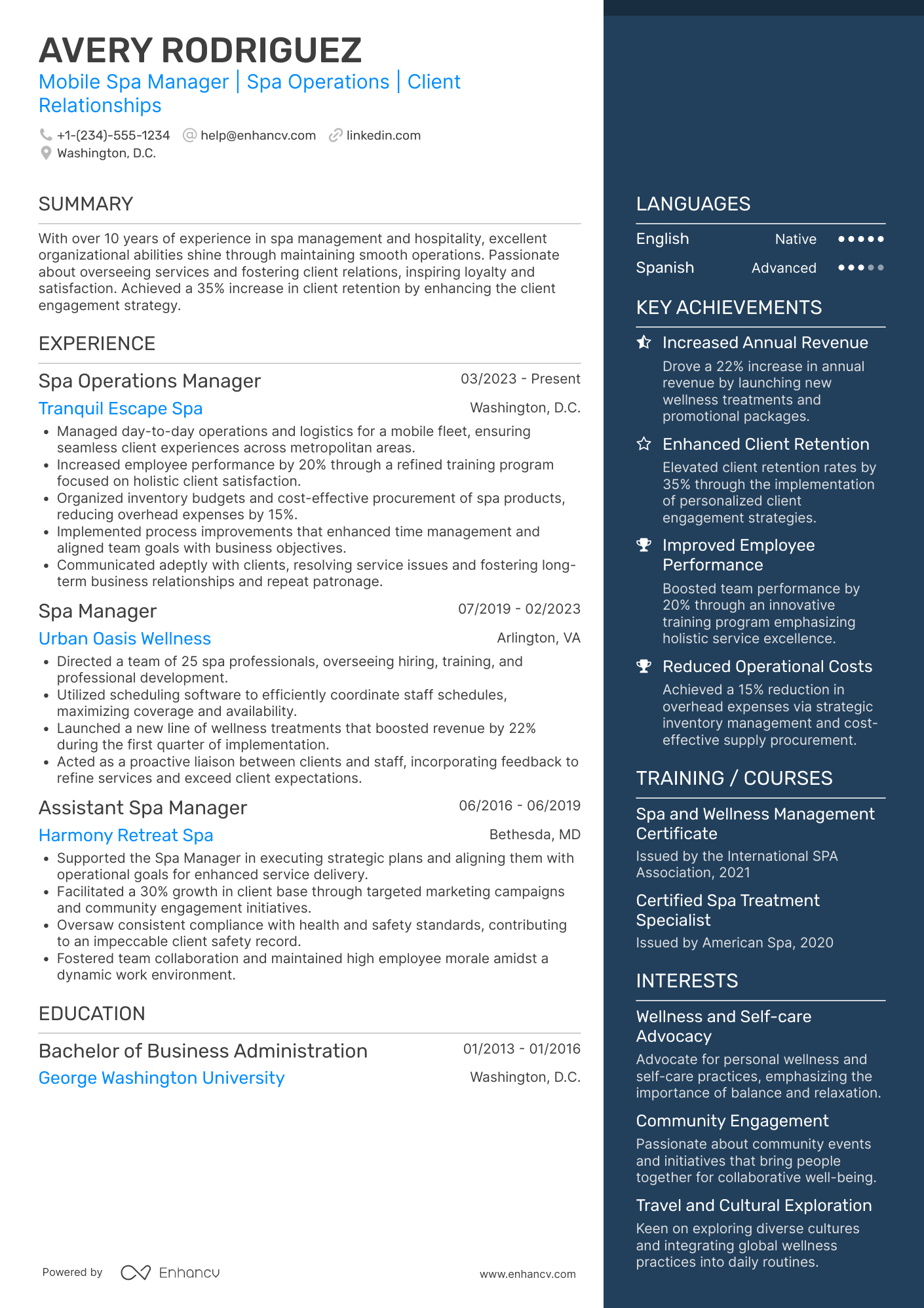 Mobile Spa Manager Resume Example