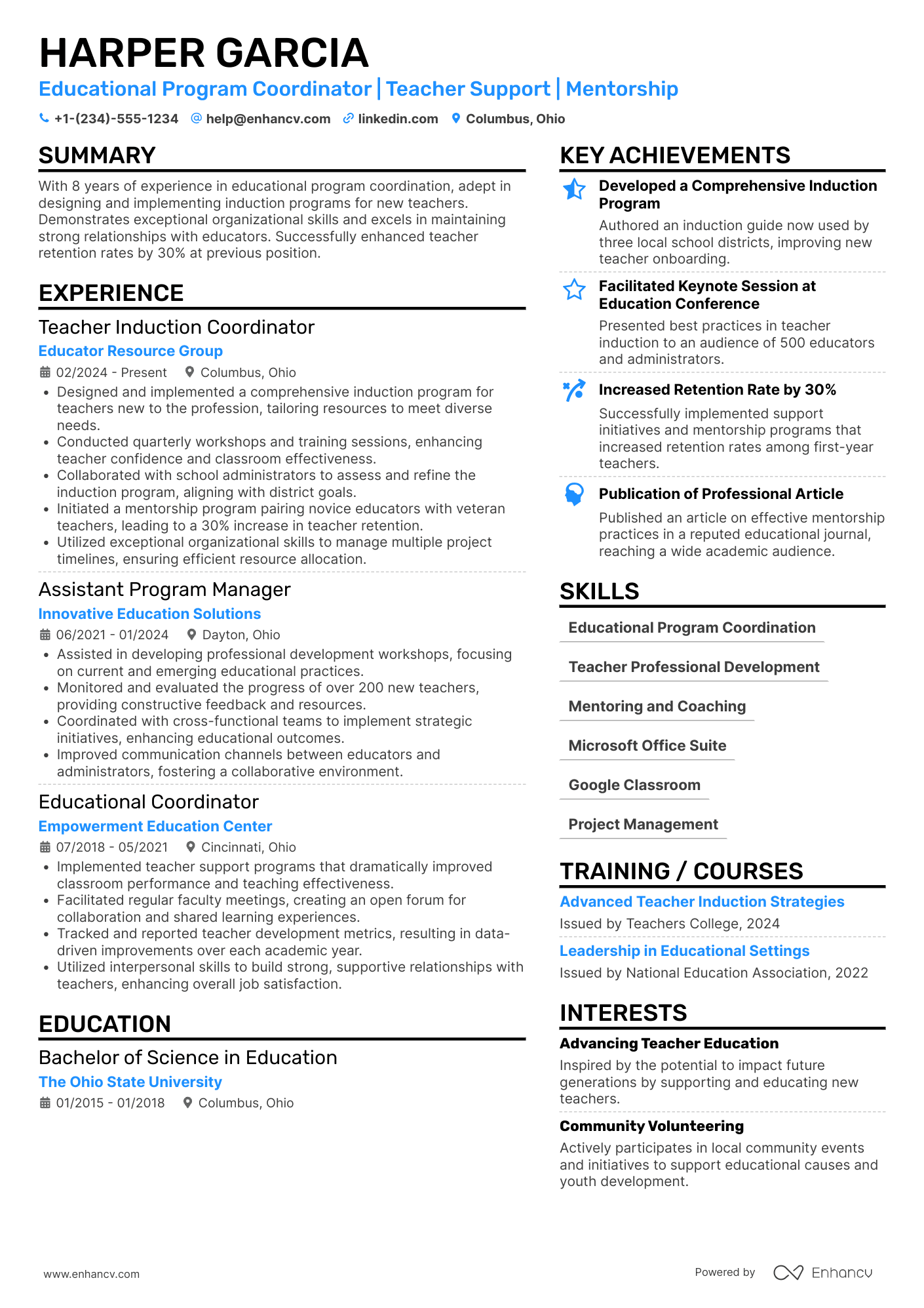New Teacher Induction Coordinator Resume Example