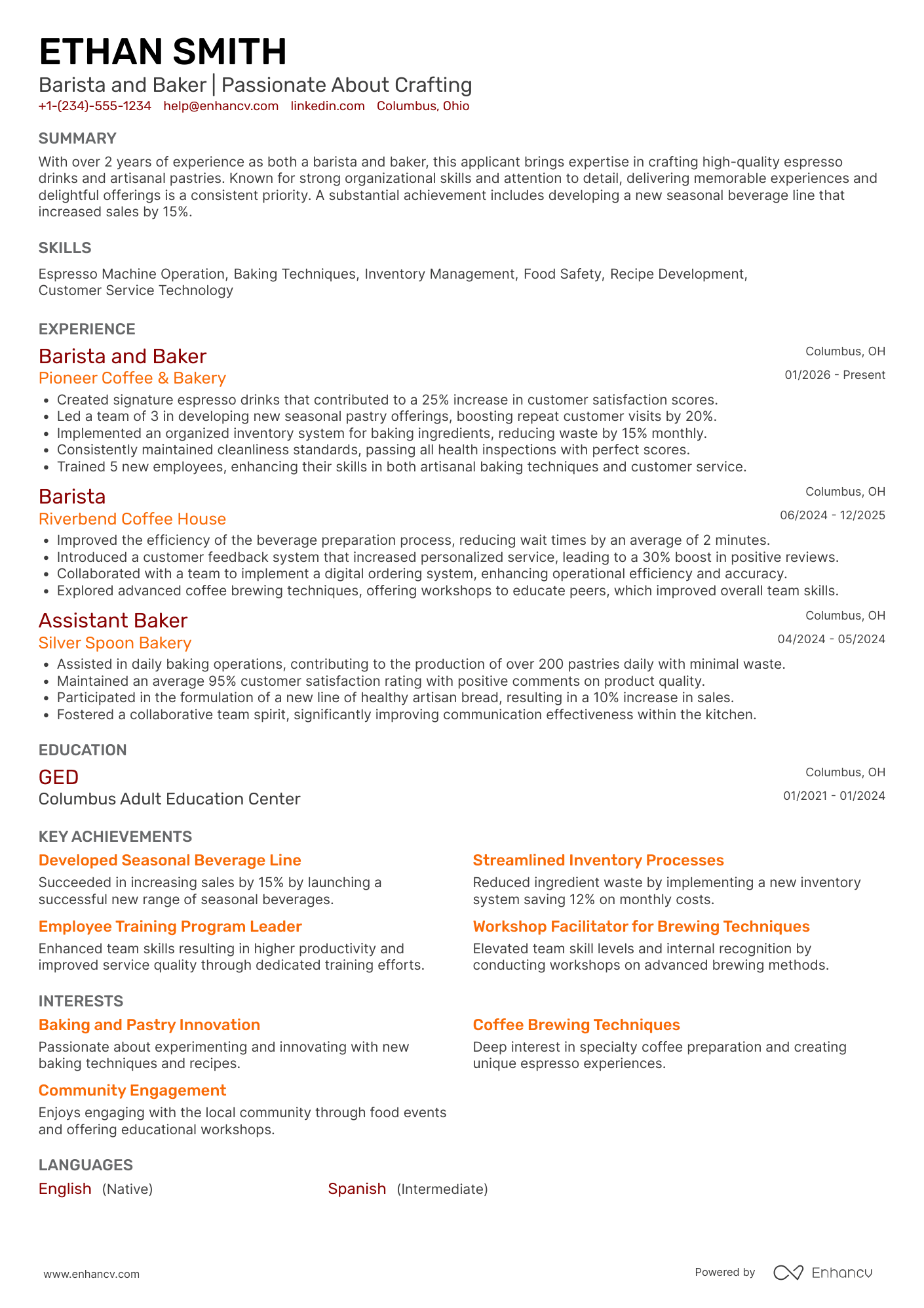 Barista and Baker Resume Example