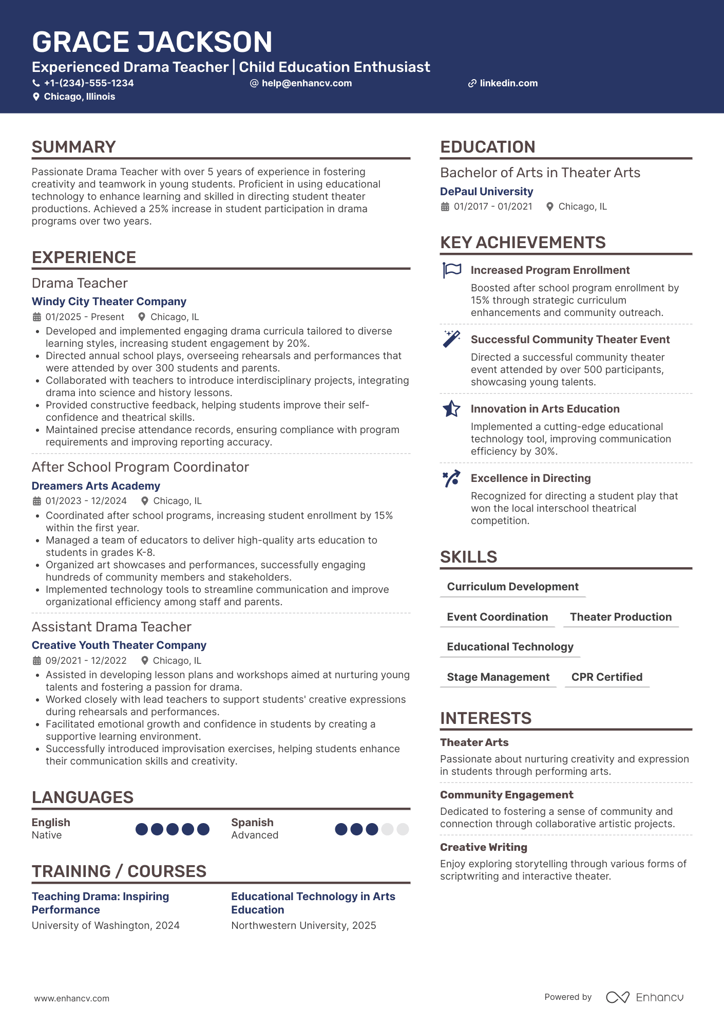 After School Drama Teacher Resume Example