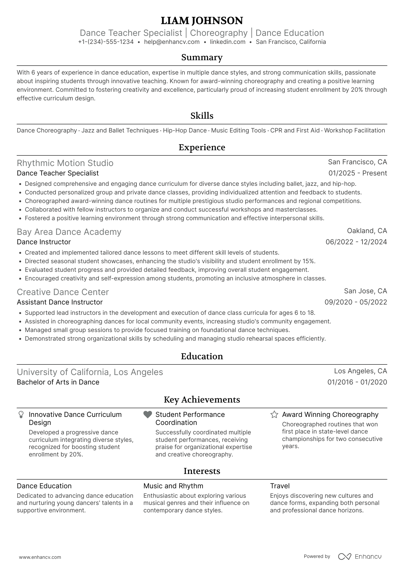 Dance Teacher Specialist Resume Example