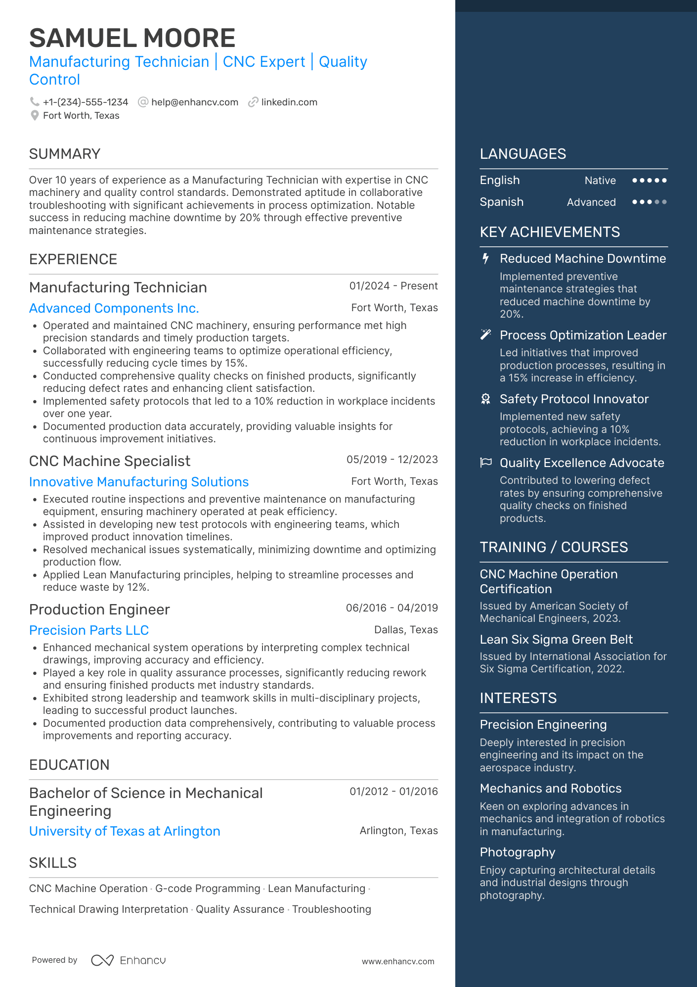 Manufacturing Technician Resume Example