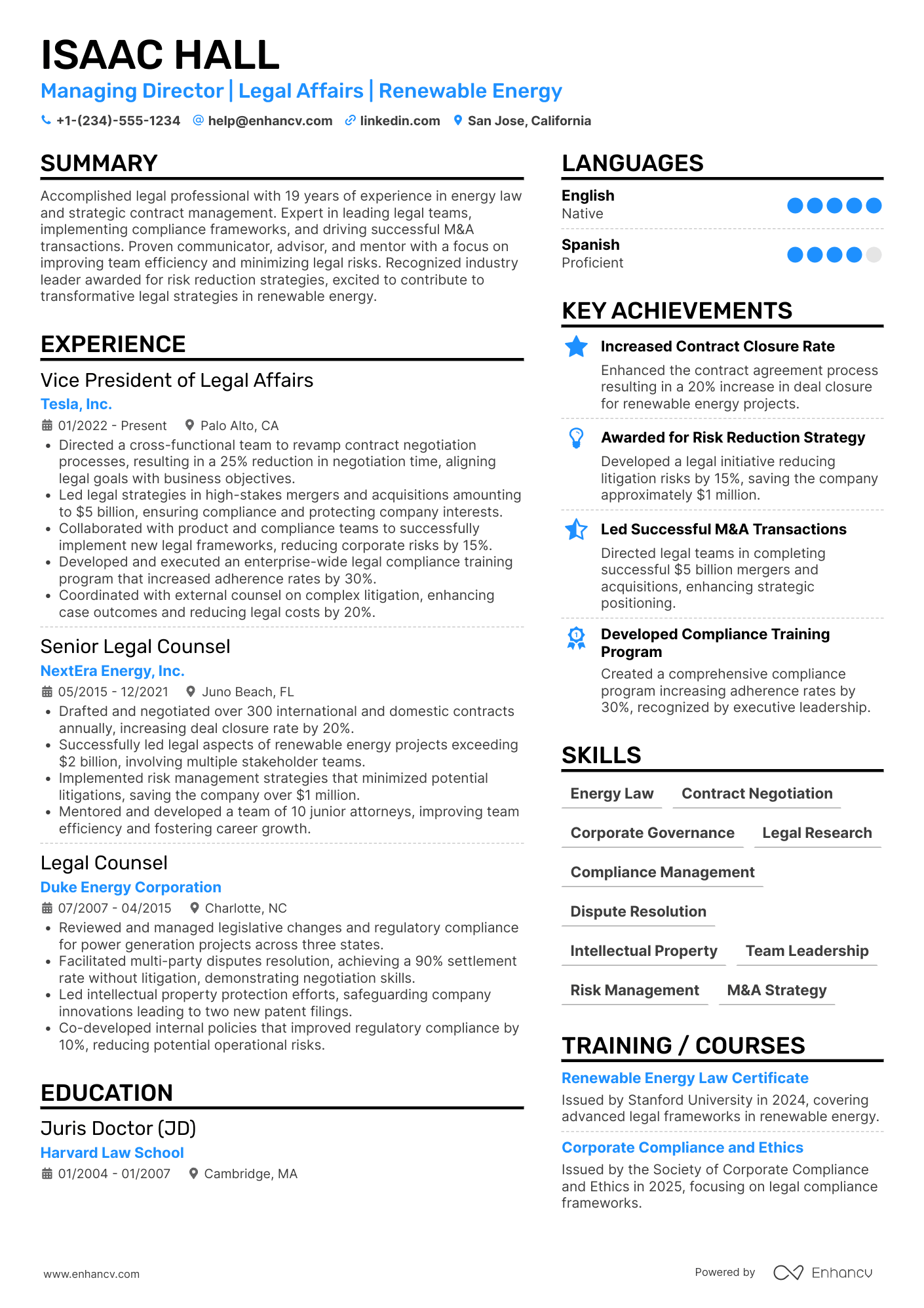 Managing Director of Legal Affairs Resume Example
