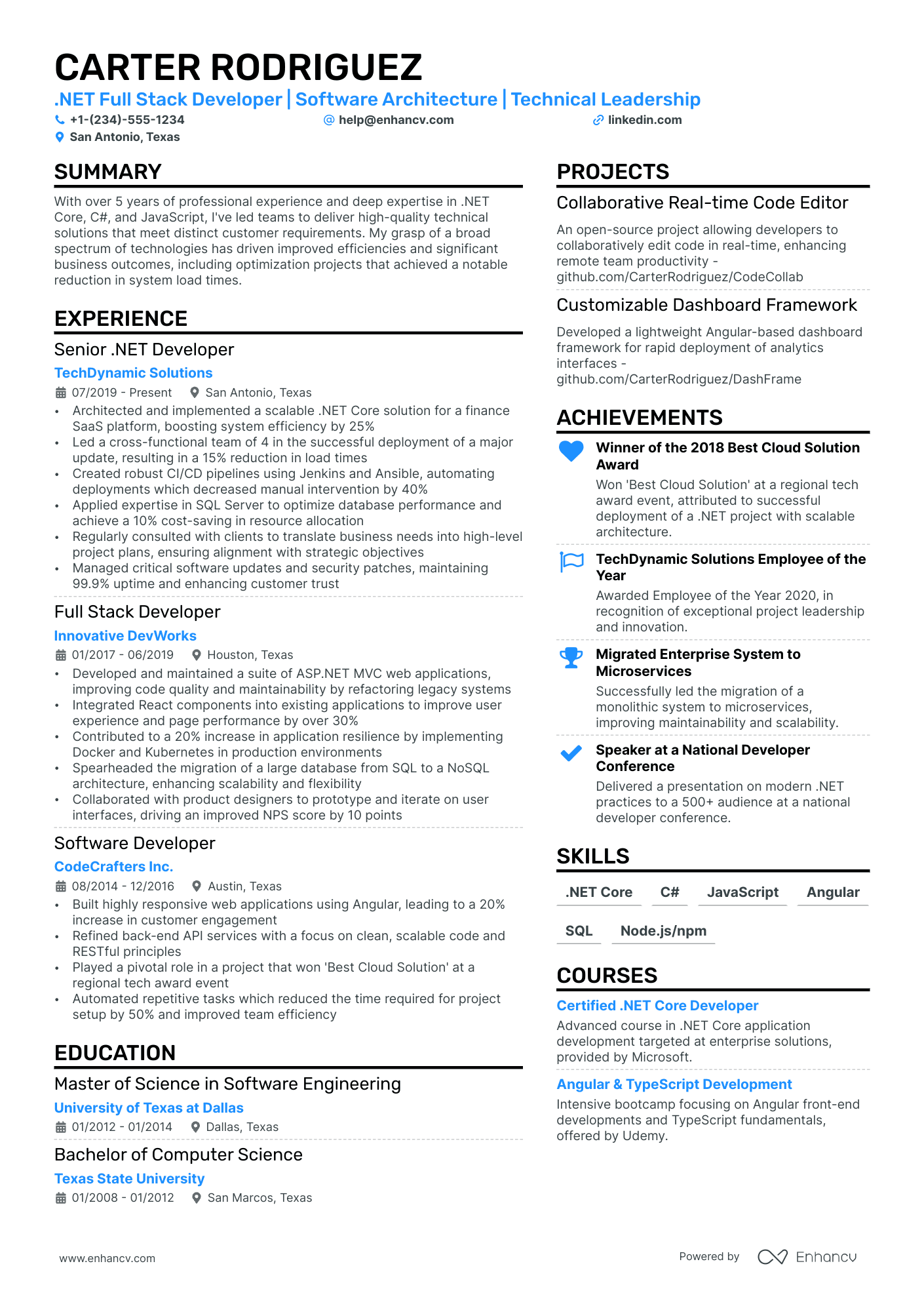 .Net Full Stack Developer Resume Example