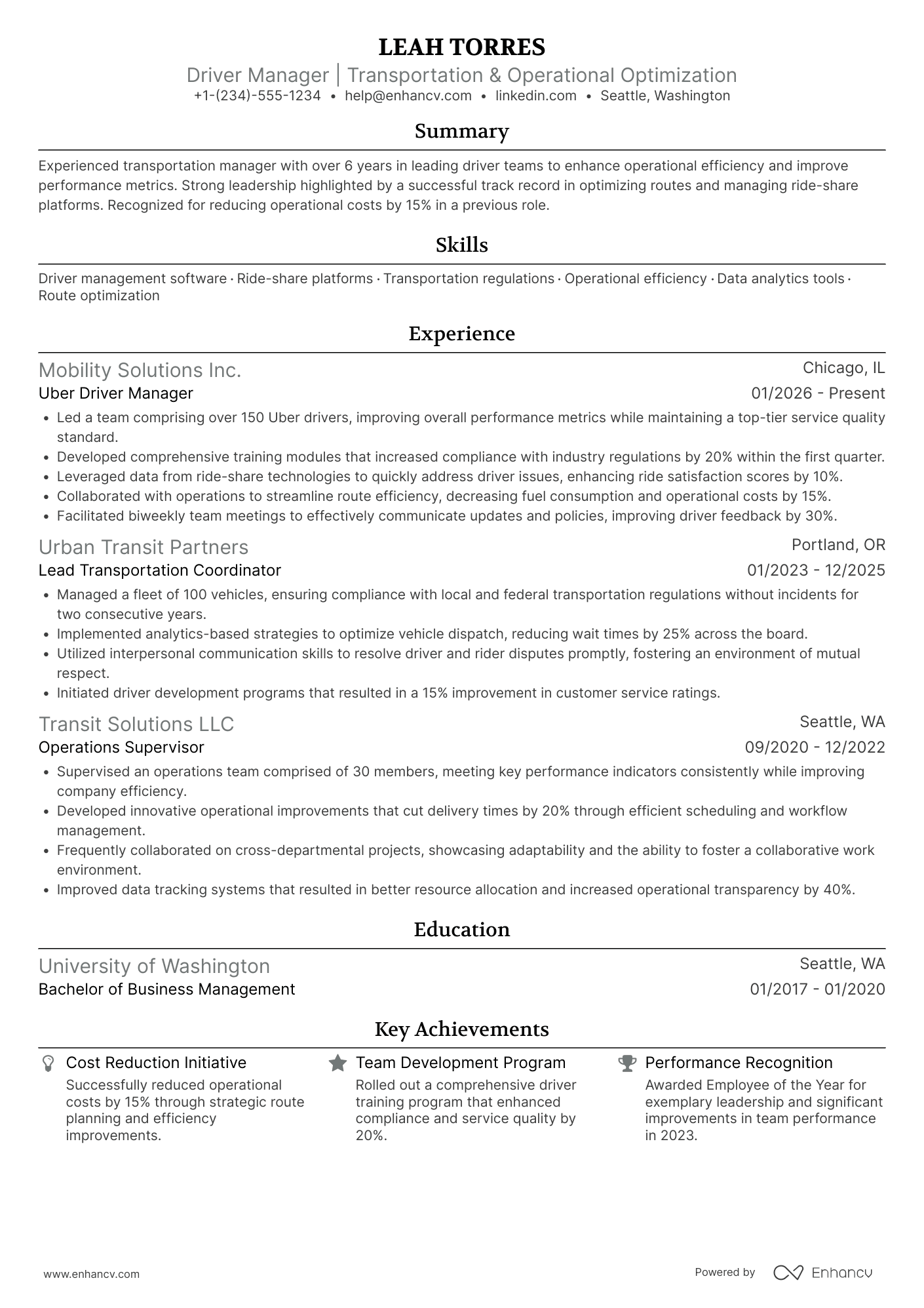 Uber Driver Manager Resume Example