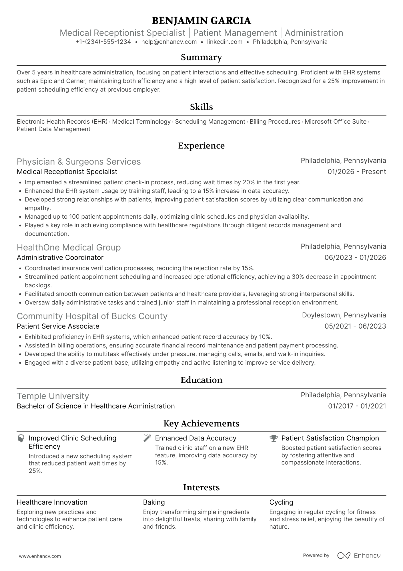 Medical Receptionist Specialist Resume Example