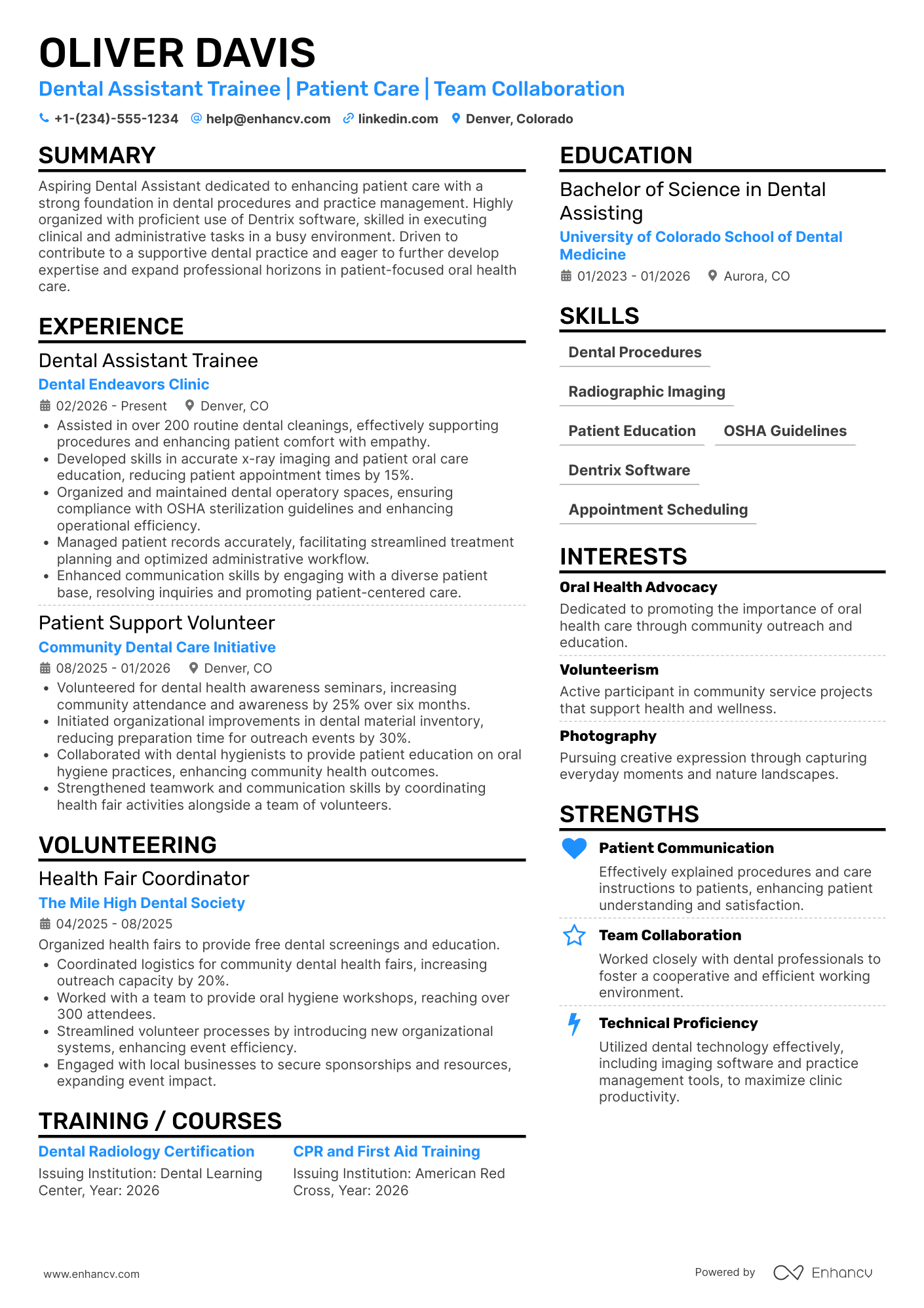 Dental Assistant Intern Resume Example