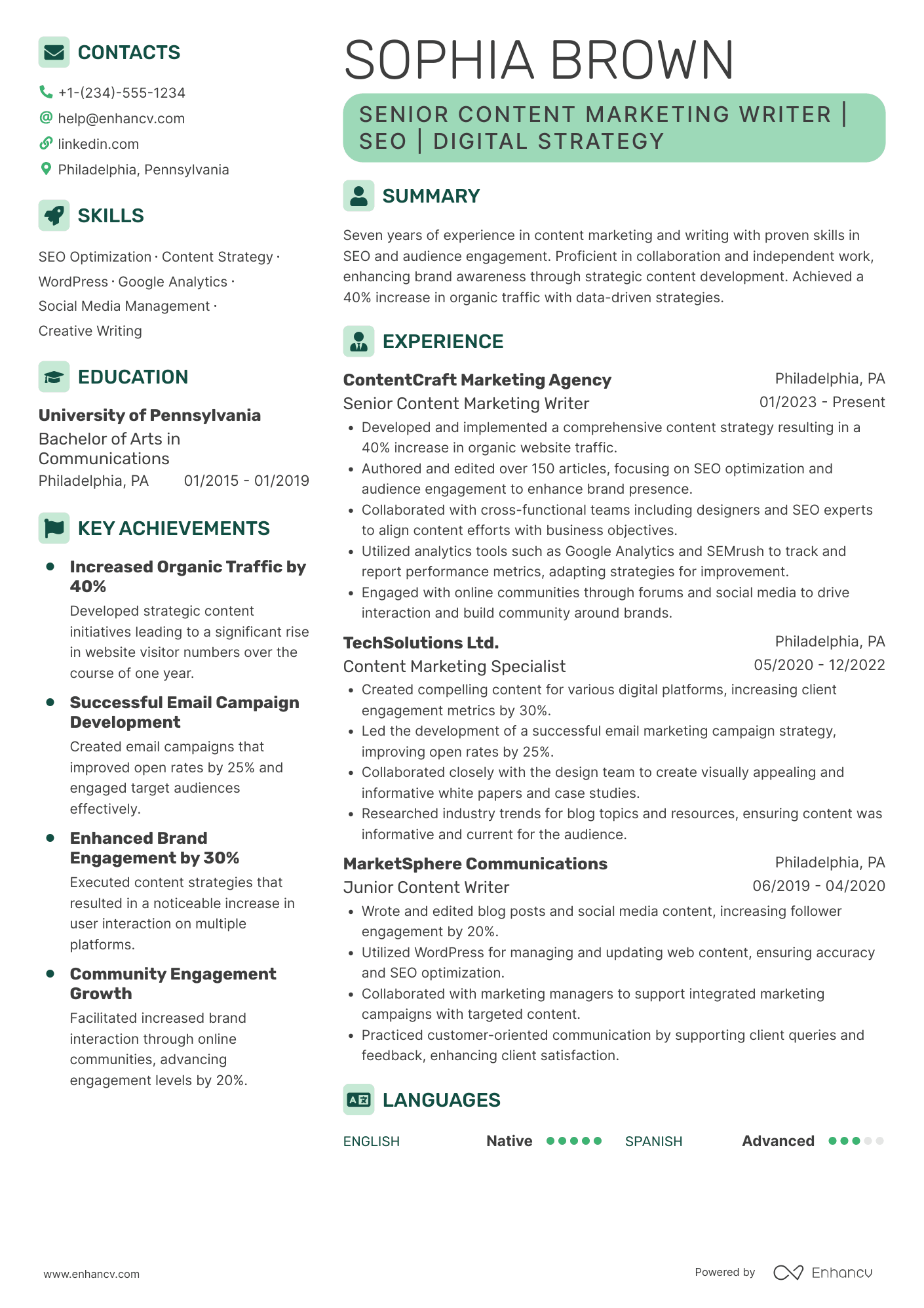 Content Marketing Writer Resume Example