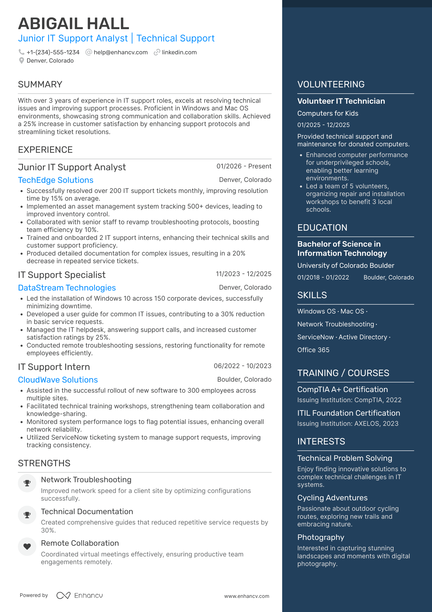 Junior IT Support Analyst Resume Example