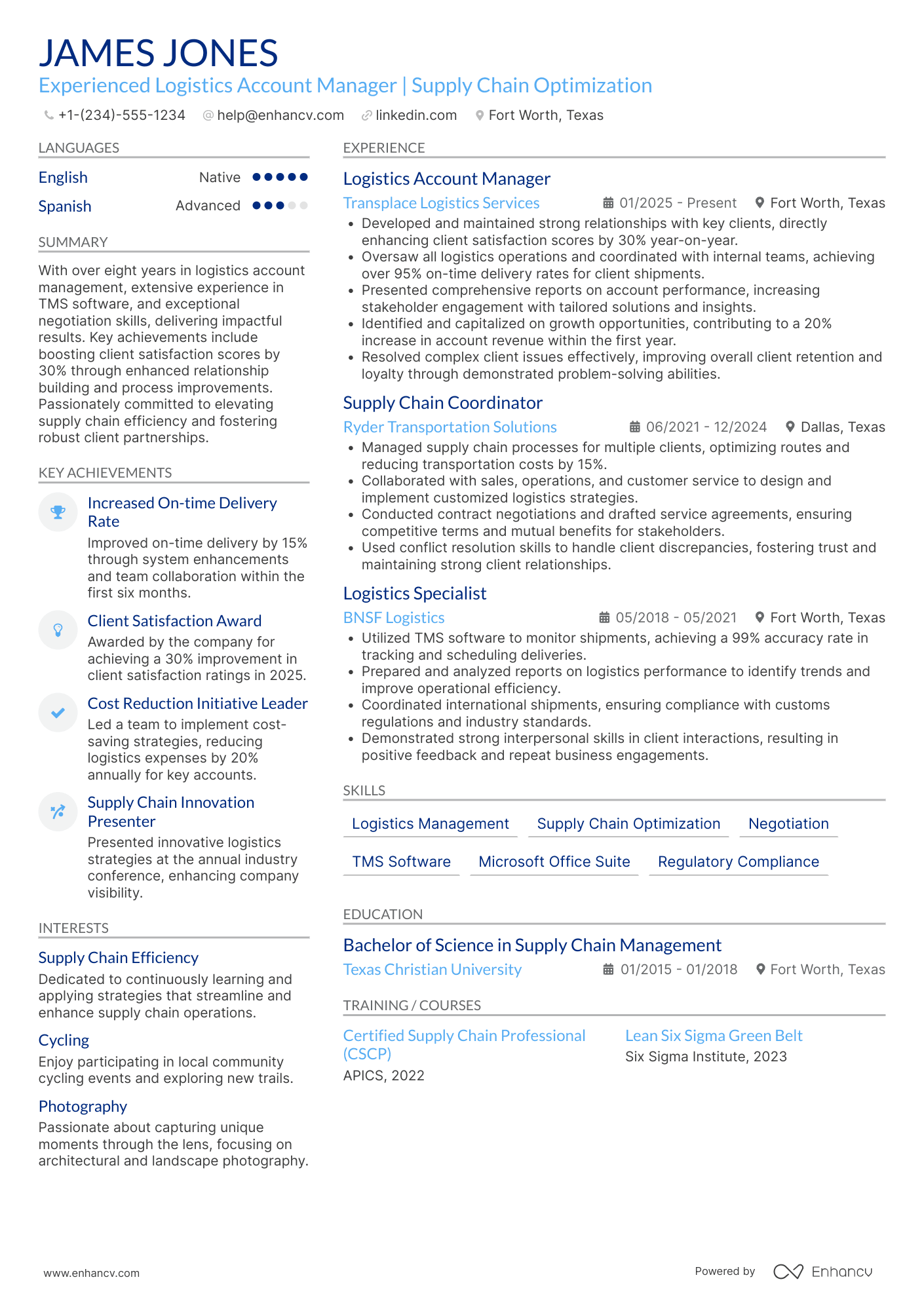 Logistics Account Manager Resume Example