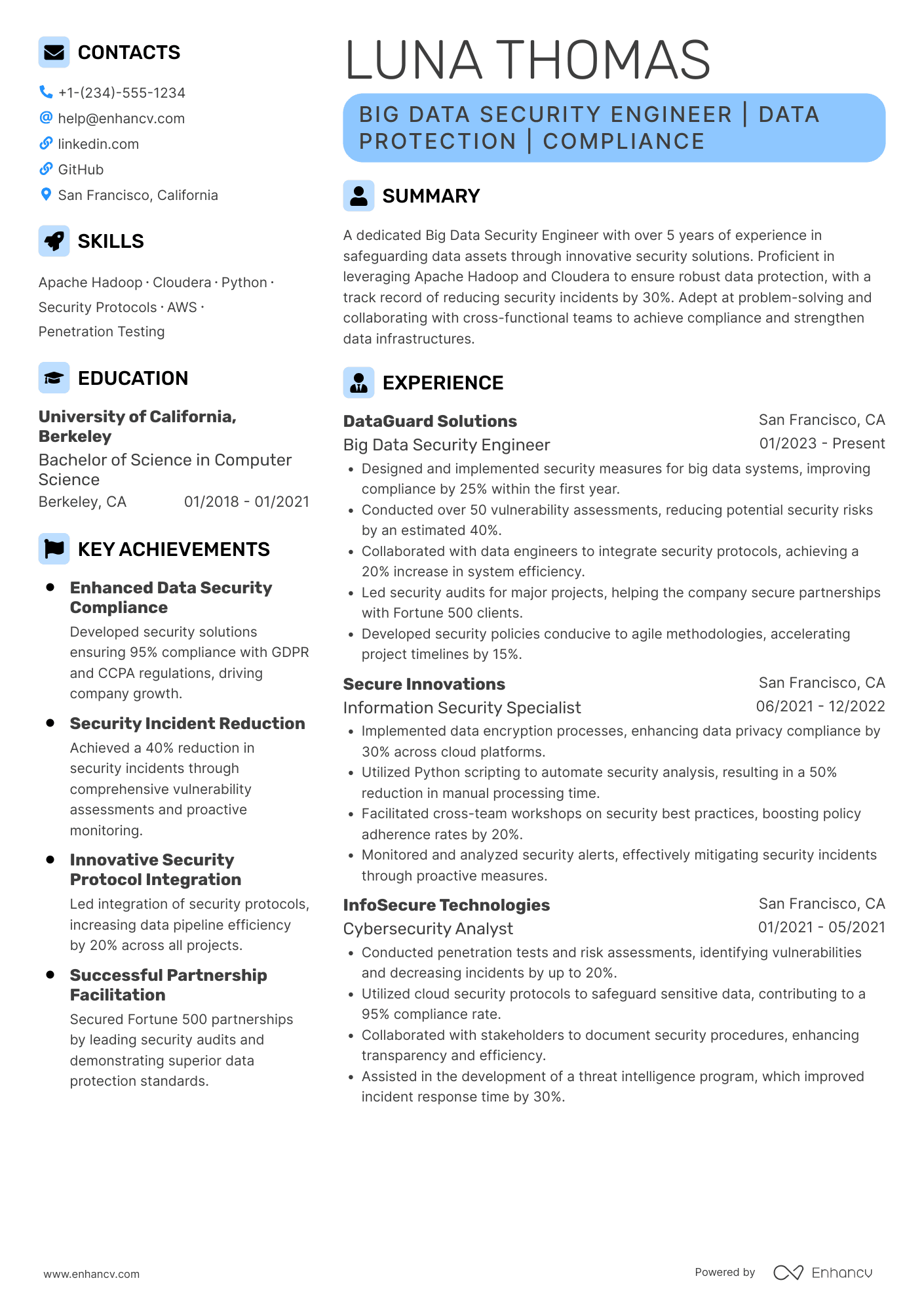 Big Data Security Engineer Resume Example