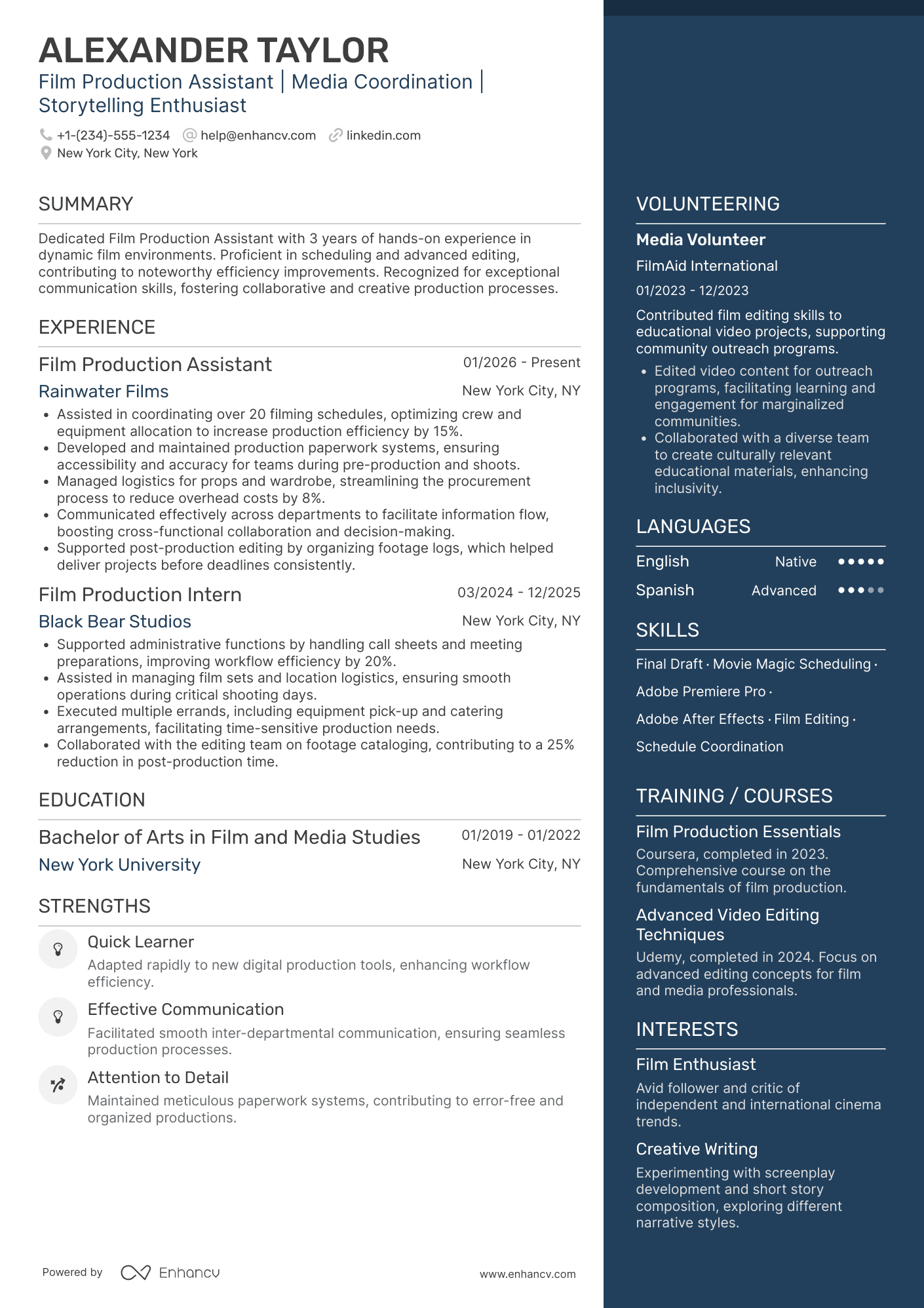Film Production Assistant Resume Example