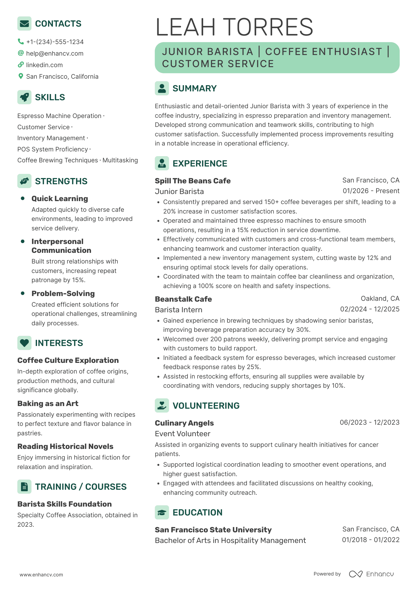 Junior Barista Resume Example
