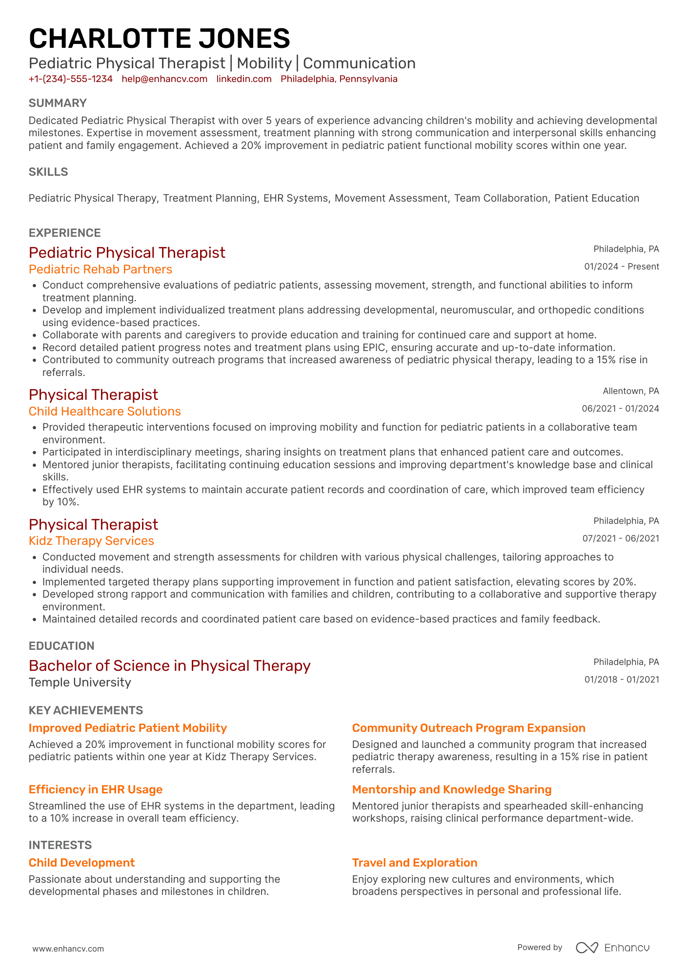 Pediatric Physical Therapist Resume Example