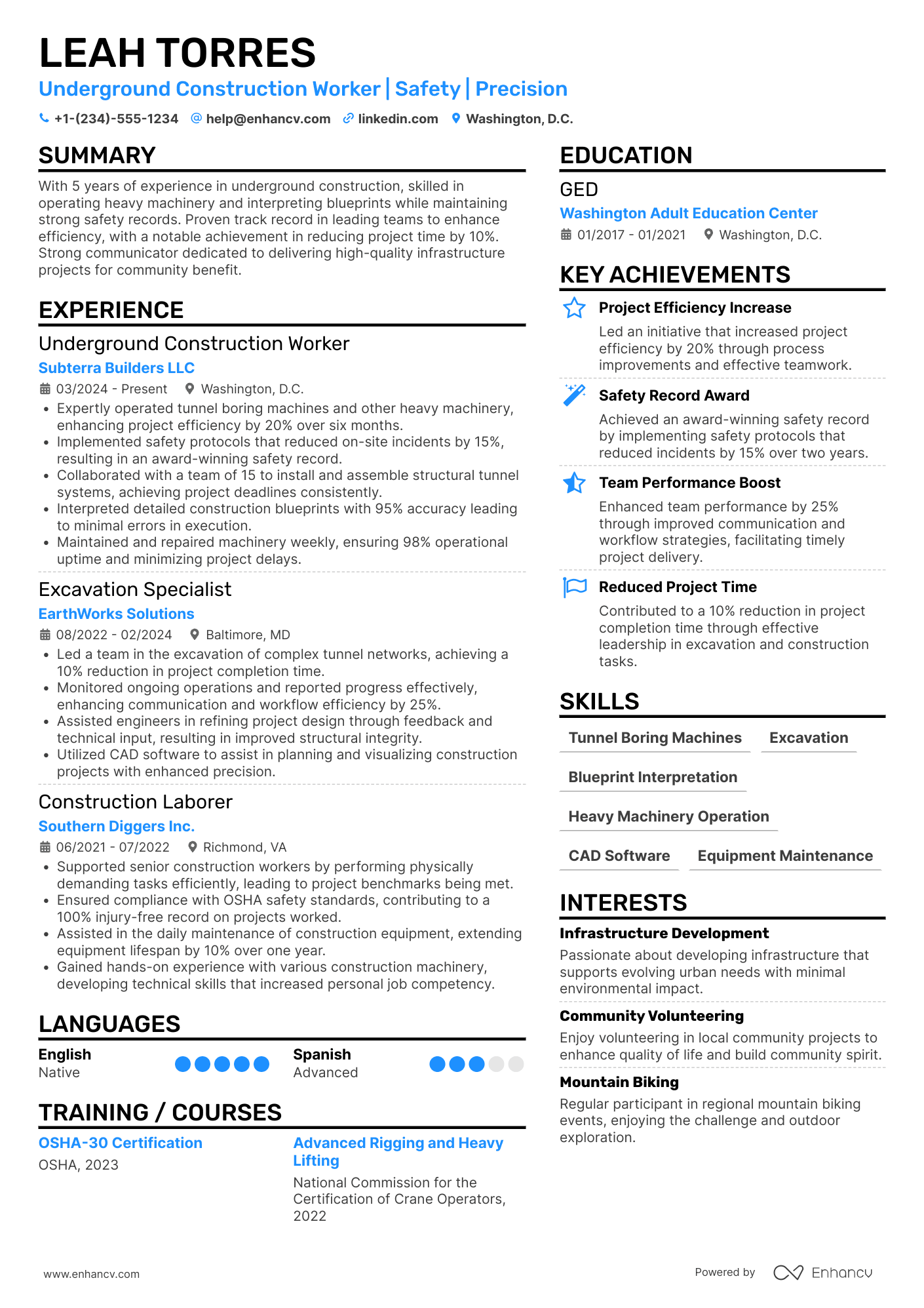 Underground Construction Worker Resume Example