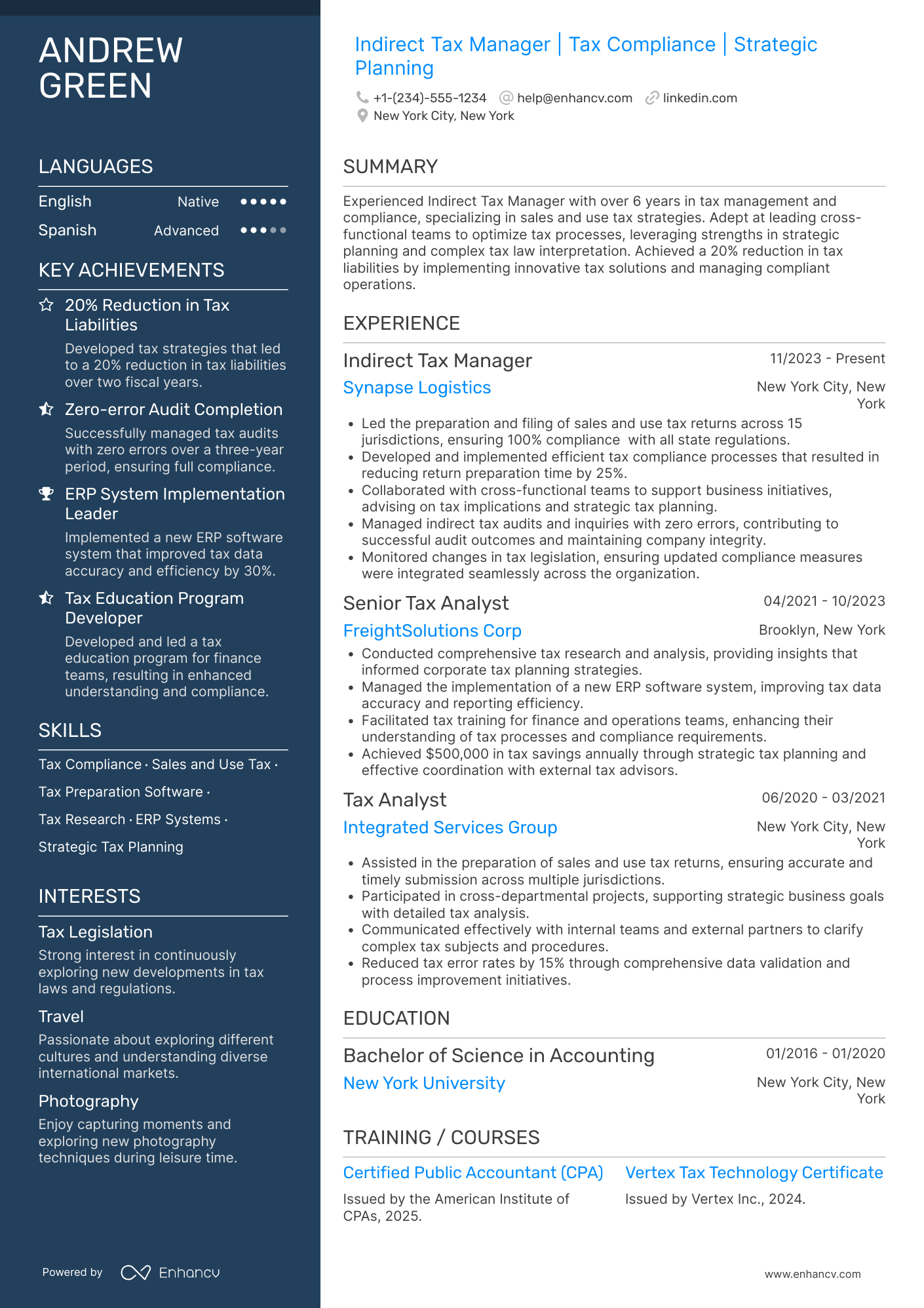 Indirect Tax Manager Resume Example