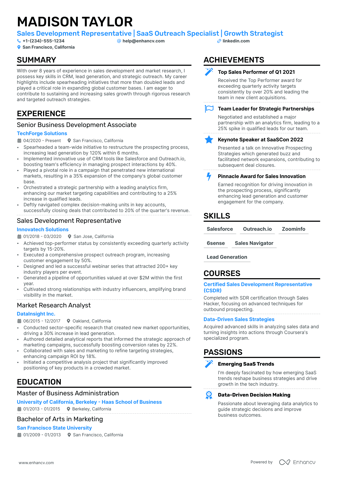 Sales Development Representative Resume Example