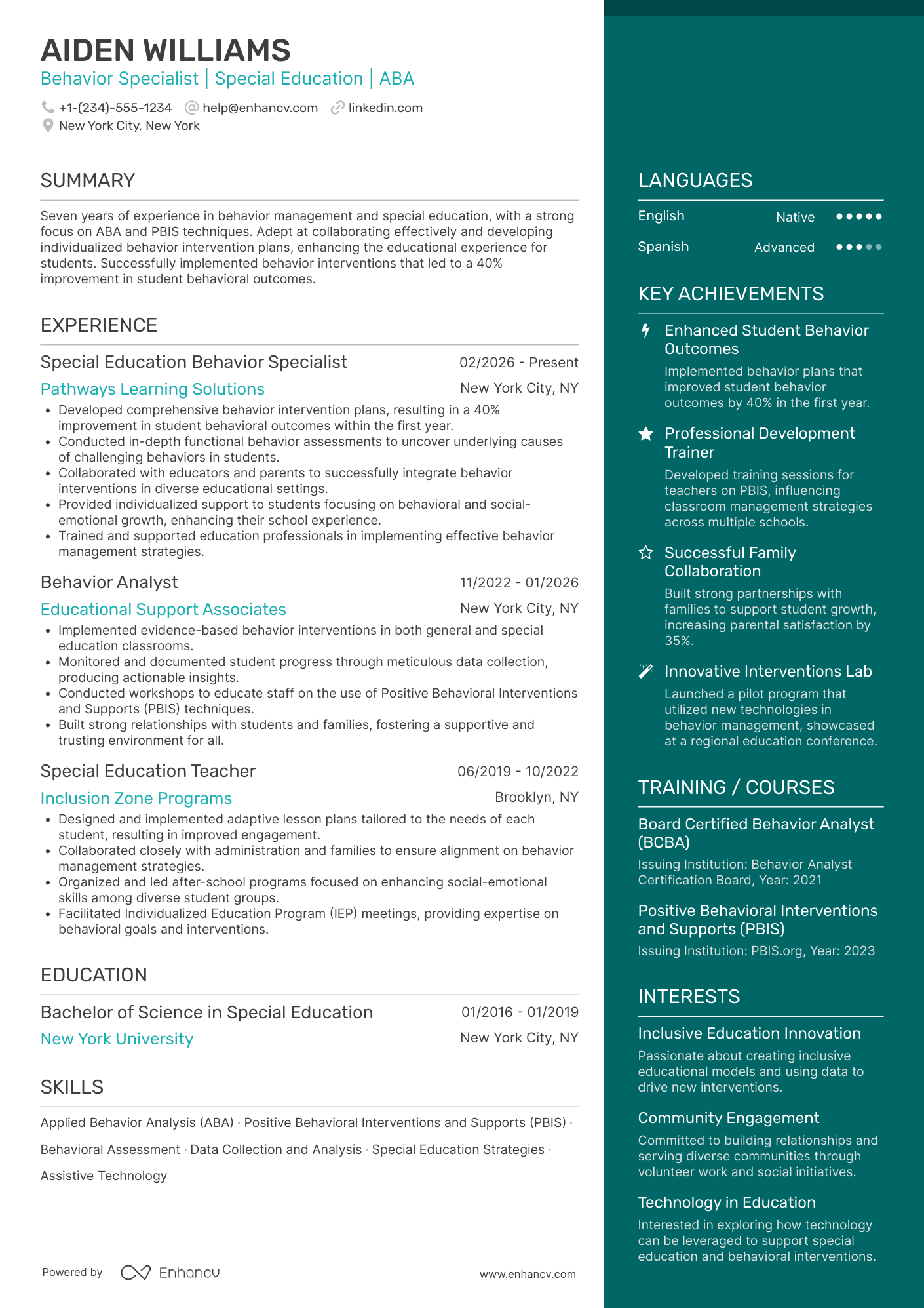 Special Education Behavior Specialist Resume Example