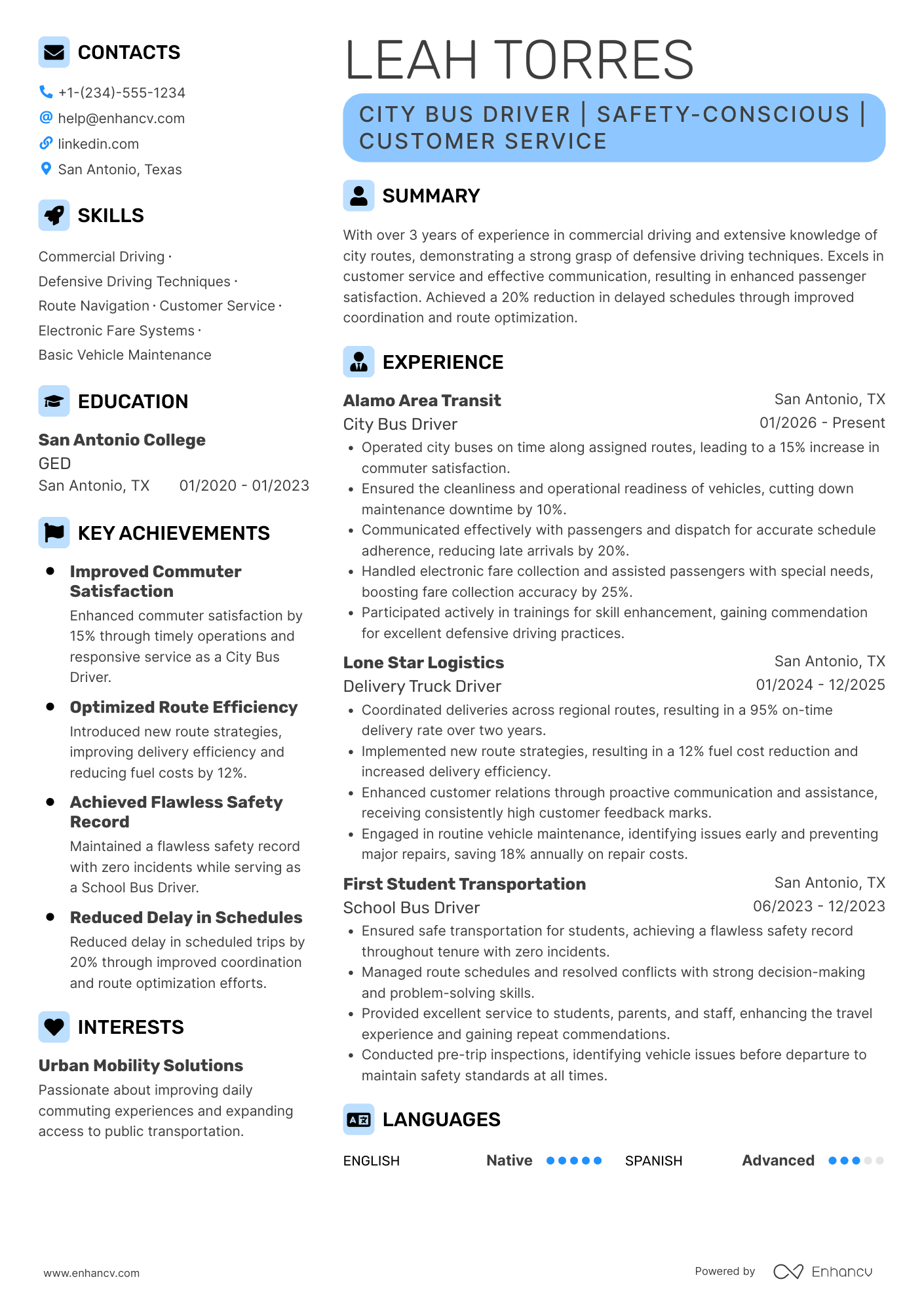 City Bus Driver Resume Example