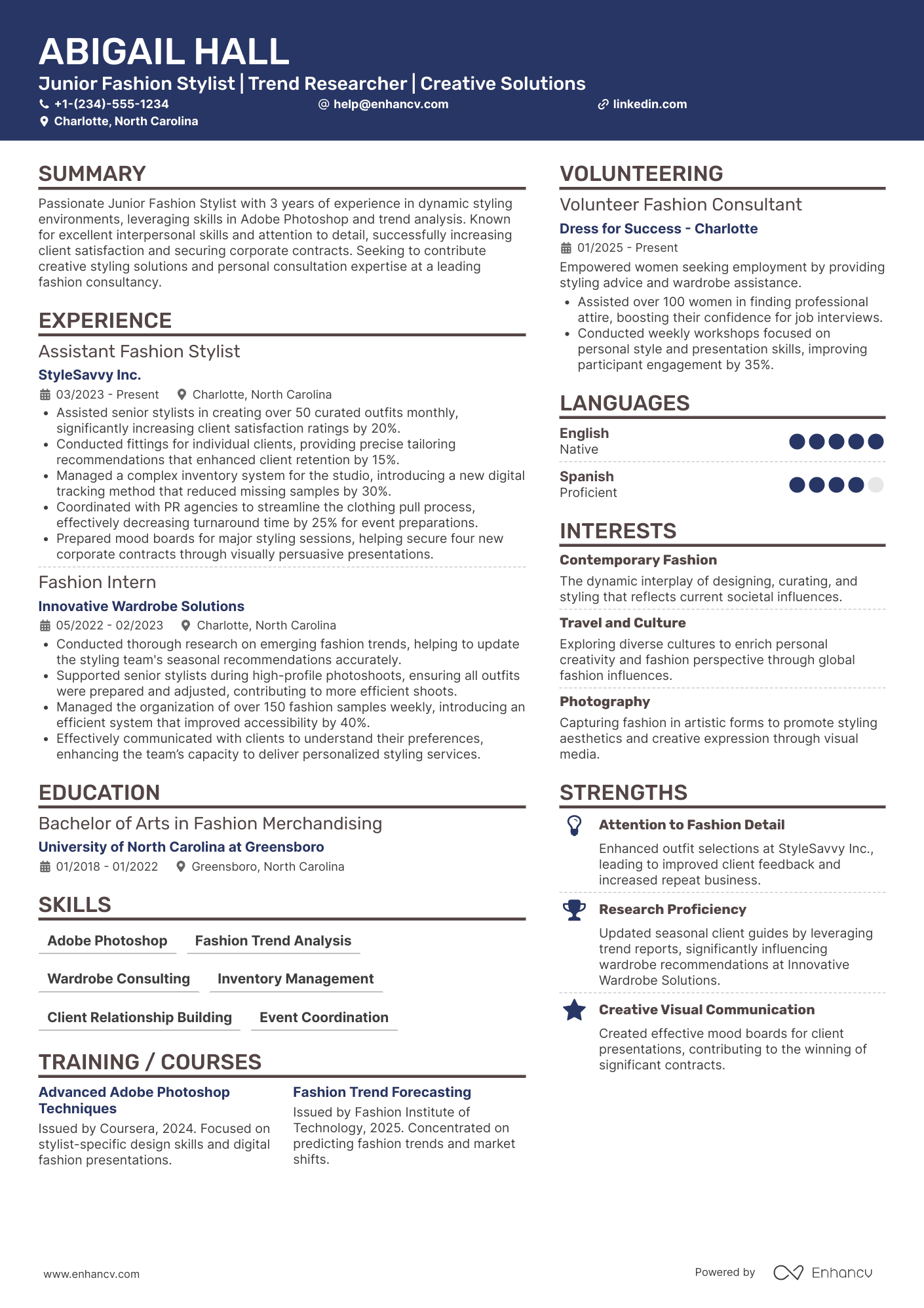 Junior Fashion Stylist Resume Example