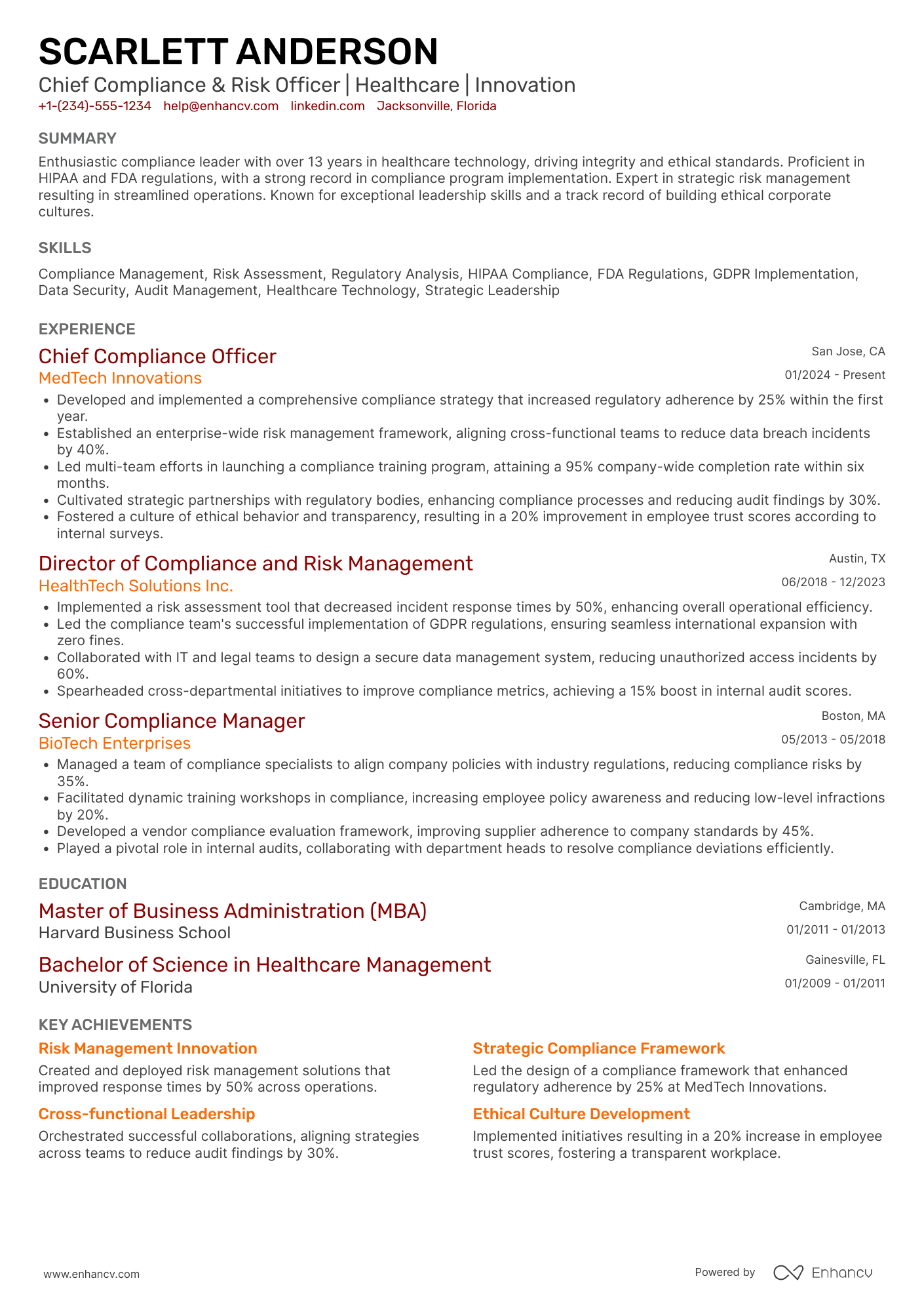 Chief Integrity and Compliance Officer Resume Example