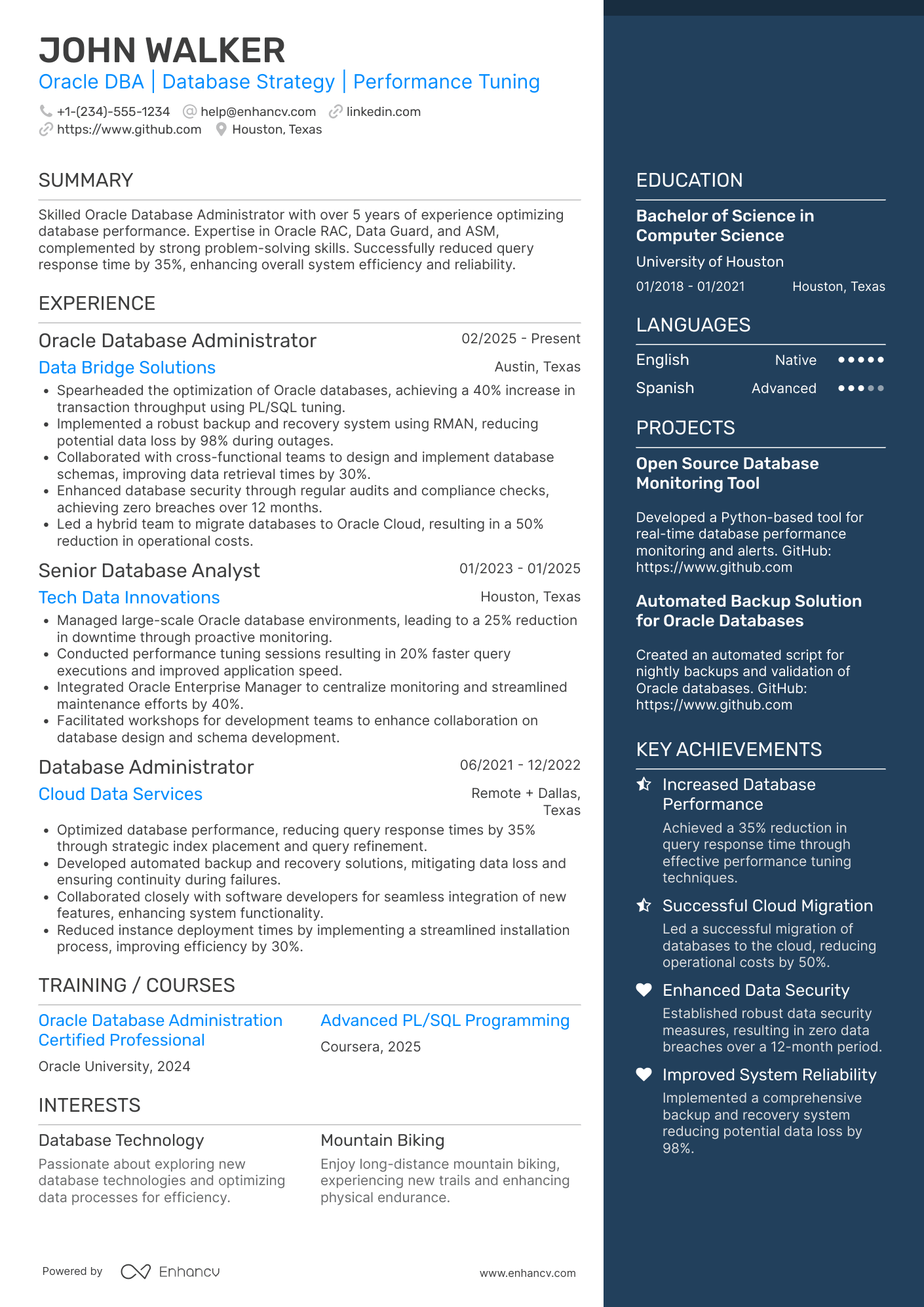 Oracle Database Administrator Resume Example